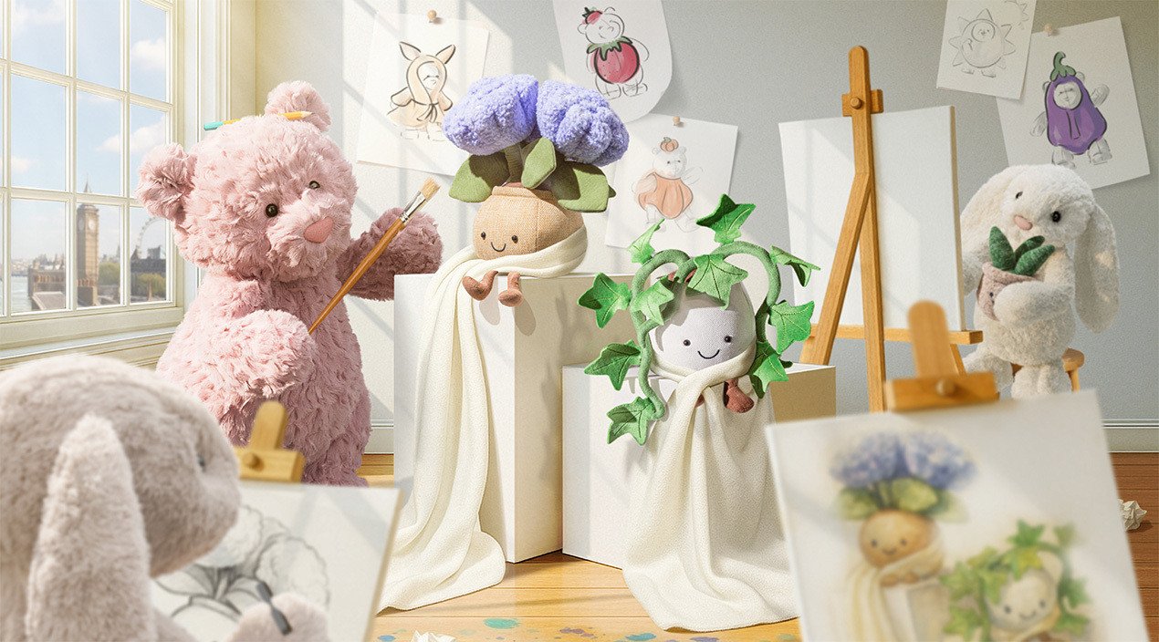Jellycat toys arranged in an art class scenario.