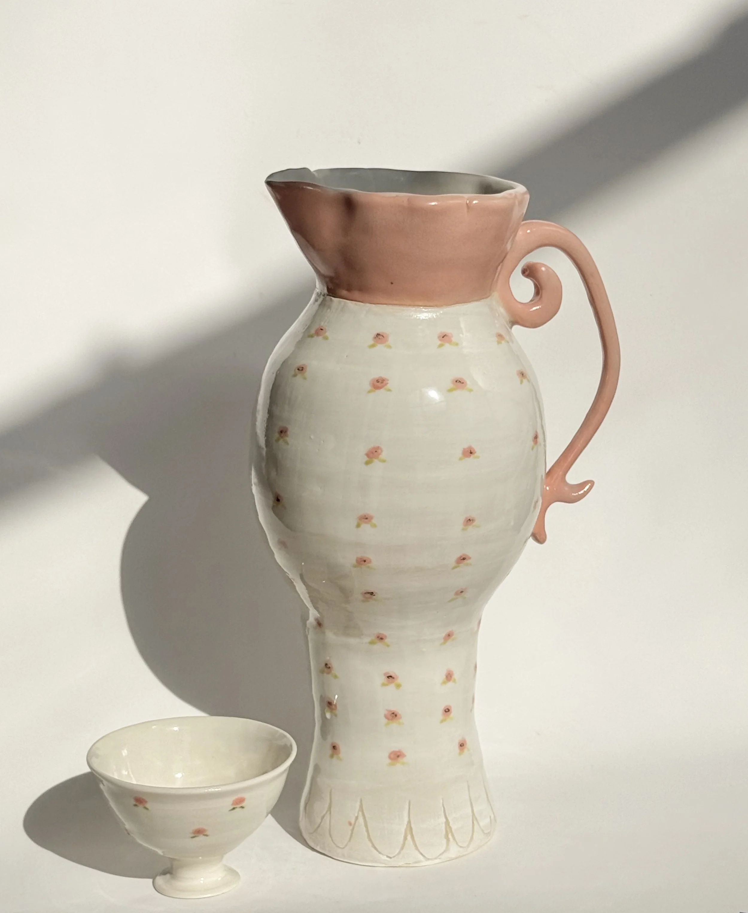 pichet de rosé & rosette goblet / porcelain (goblet) & stoneware (pitcher), underglaze & glaze / (goblet) 2.5" T x 4" W,  (pitcher) 12" T x 7 " W 