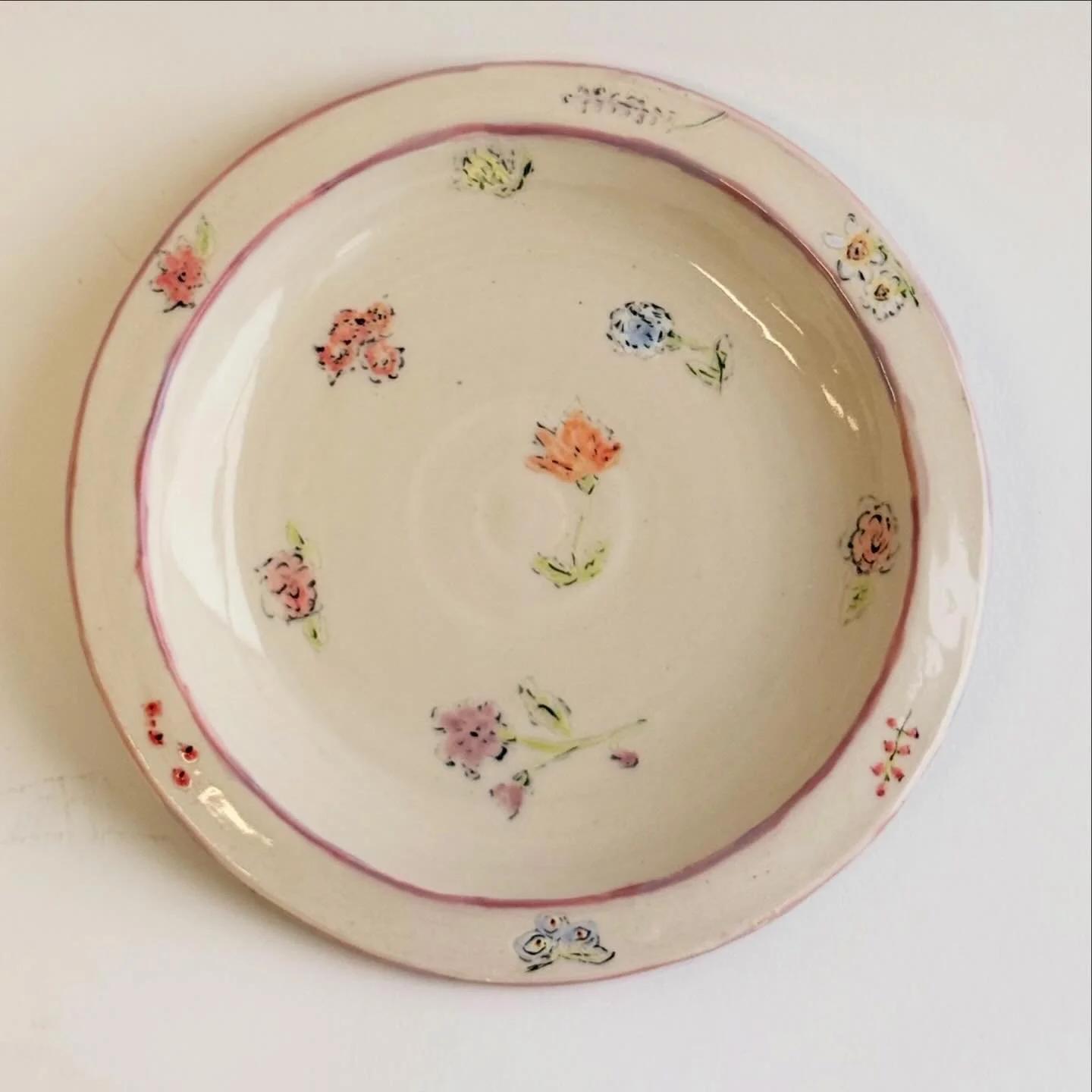 fleurie dessert plate / porcelain, underglaze & glaze / 7" W x 7" W