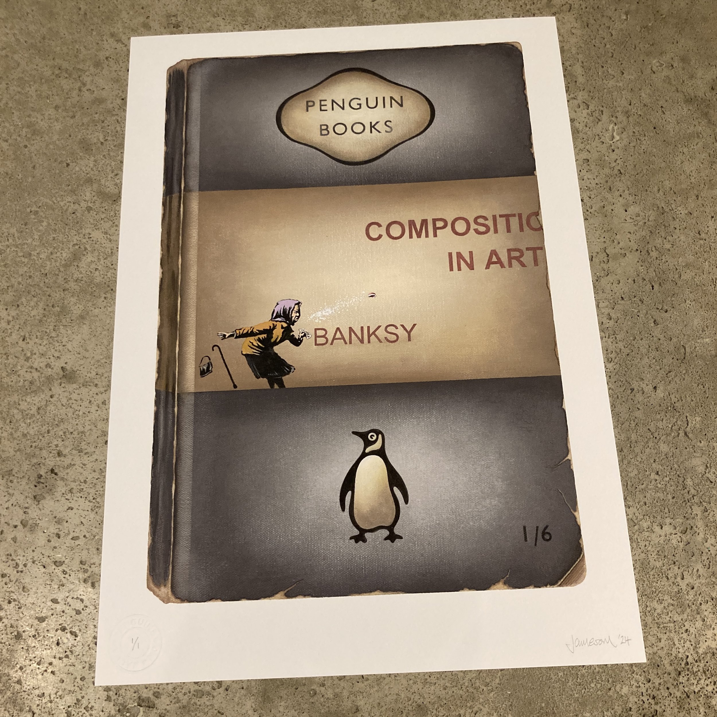 "Composition In Art (Banksy)" A3 hand-finished, unique "Achoo! Sneezing Old Lady"