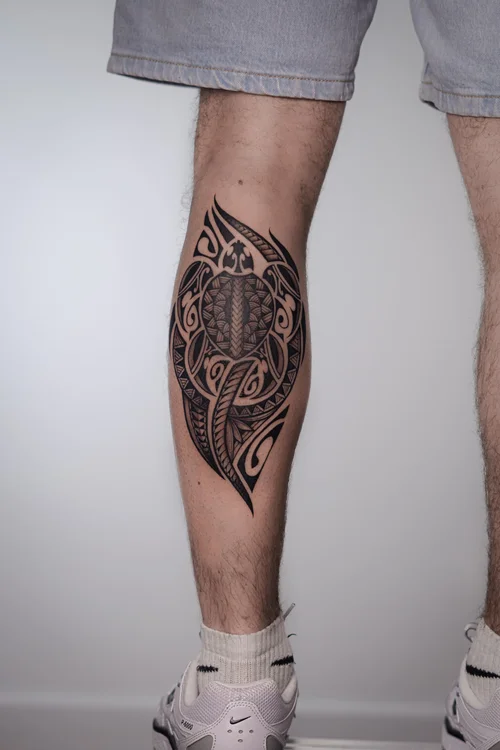 Polynesian calf turtle tattoo by Mateusz at Skinzophrenic Tattoos Hereford