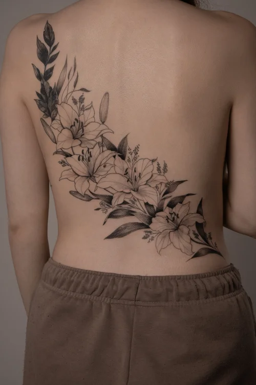Back lily tattoo by Anne Marriott