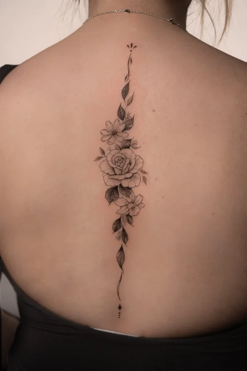 Floral spine tattoo by Anne Marriott