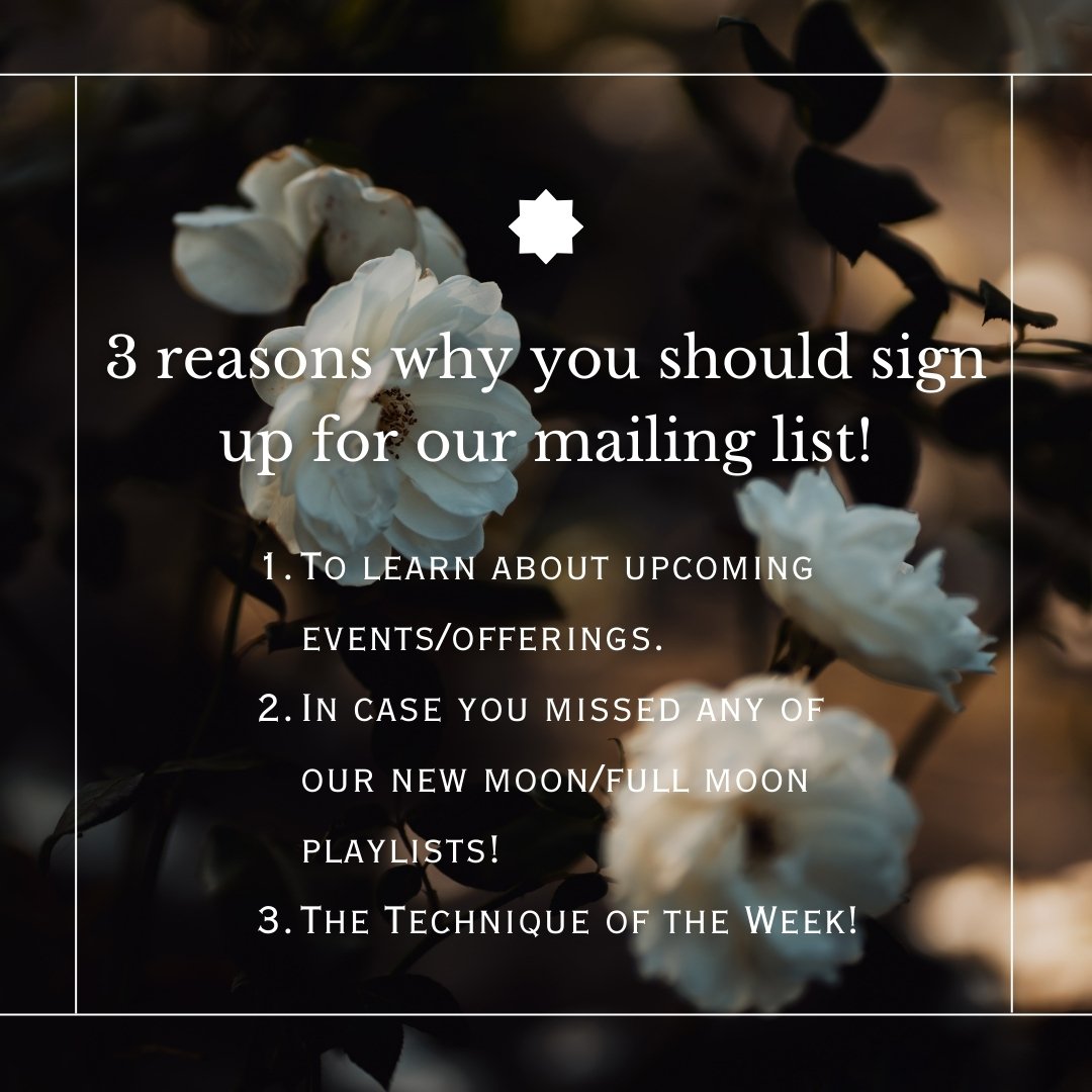 Did you know I'm a mailing list babe now? YOU SHOULD TOTALLY SIGN UP!

Here are the top 3 reasons:
1. To learn about upcoming events/offerings.
2. In case you missed any of our new moon/full moon playlists.
3. The technique of the week! (a weekly min