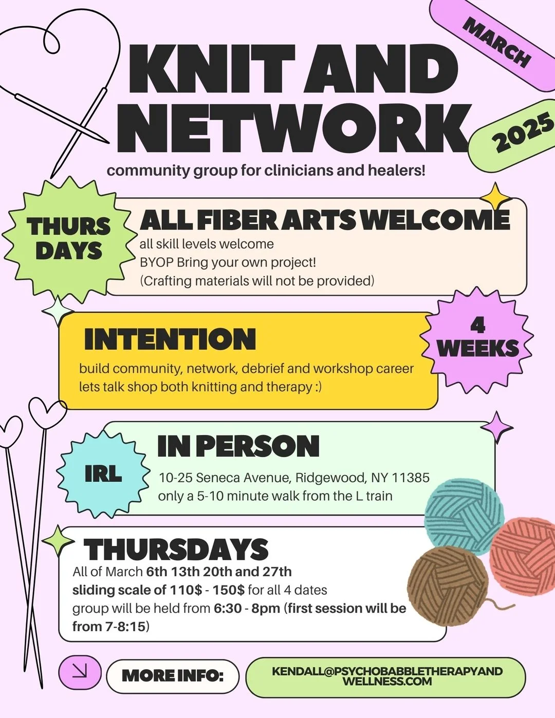 Coming in MARCH! Join Kendall as she facilitates a knit and network session for therapists and healers of all kinds.

This offering is meant to create community, get to know each other and create a space to connect about what we do, around both knitt