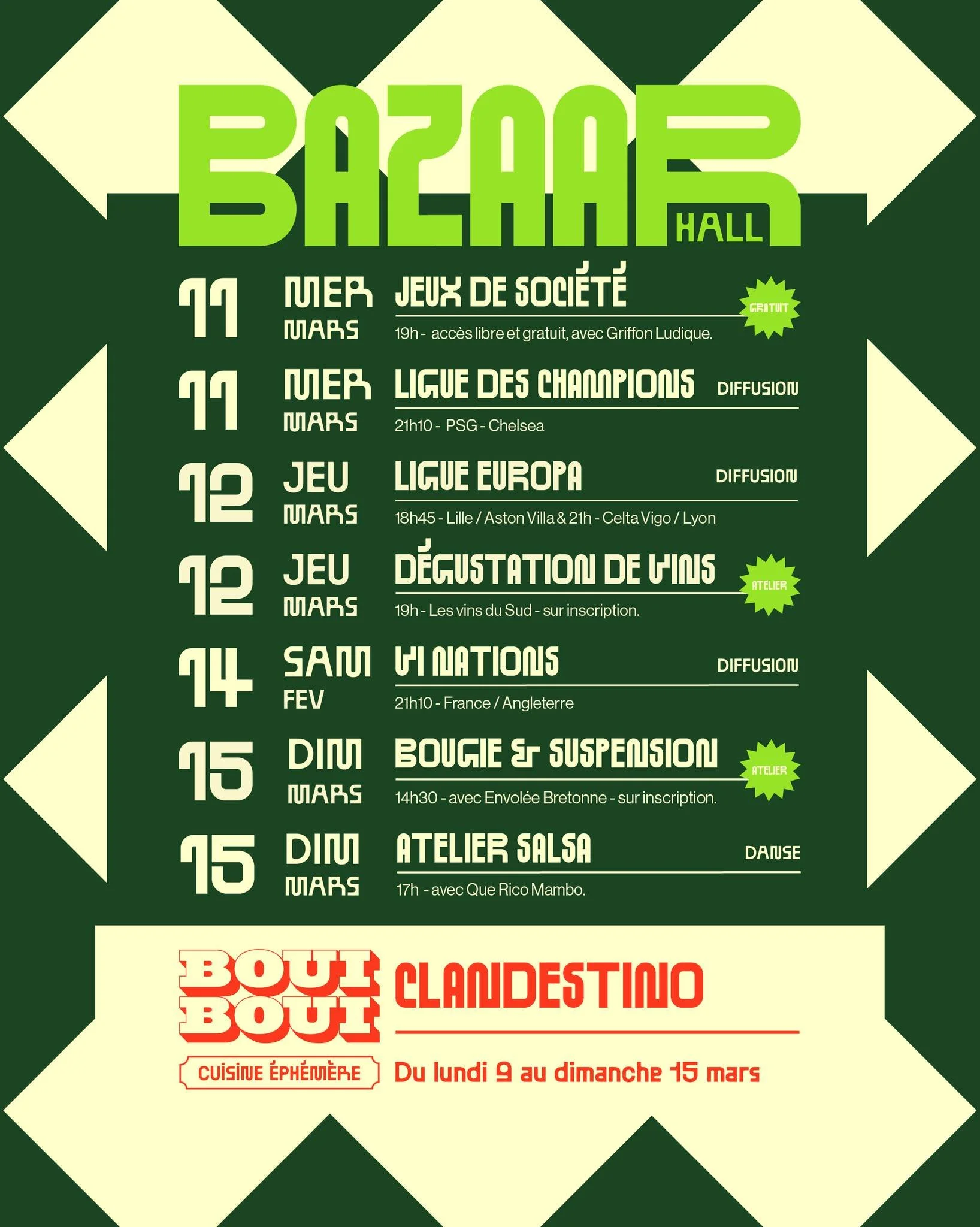 Cette semaine, on se r&eacute;gale, on d&eacute;guste et on partage :
🌮 𝐁𝐎𝐔𝐈 𝐁𝐎𝐔𝐈 𝐚𝐜𝐜𝐮𝐞𝐢𝐥𝐥𝐞 𝐂𝐥𝐚𝐧𝐝𝐞𝐬𝐭𝐢𝐧𝐨, qui revient quelques jours pour nous proposer leur street food latino.
🃏 Mercredi, le 𝐆𝐫𝐢𝐟𝐟𝐨𝐧 𝐋𝐮𝐝𝐢𝐪𝐮𝐞