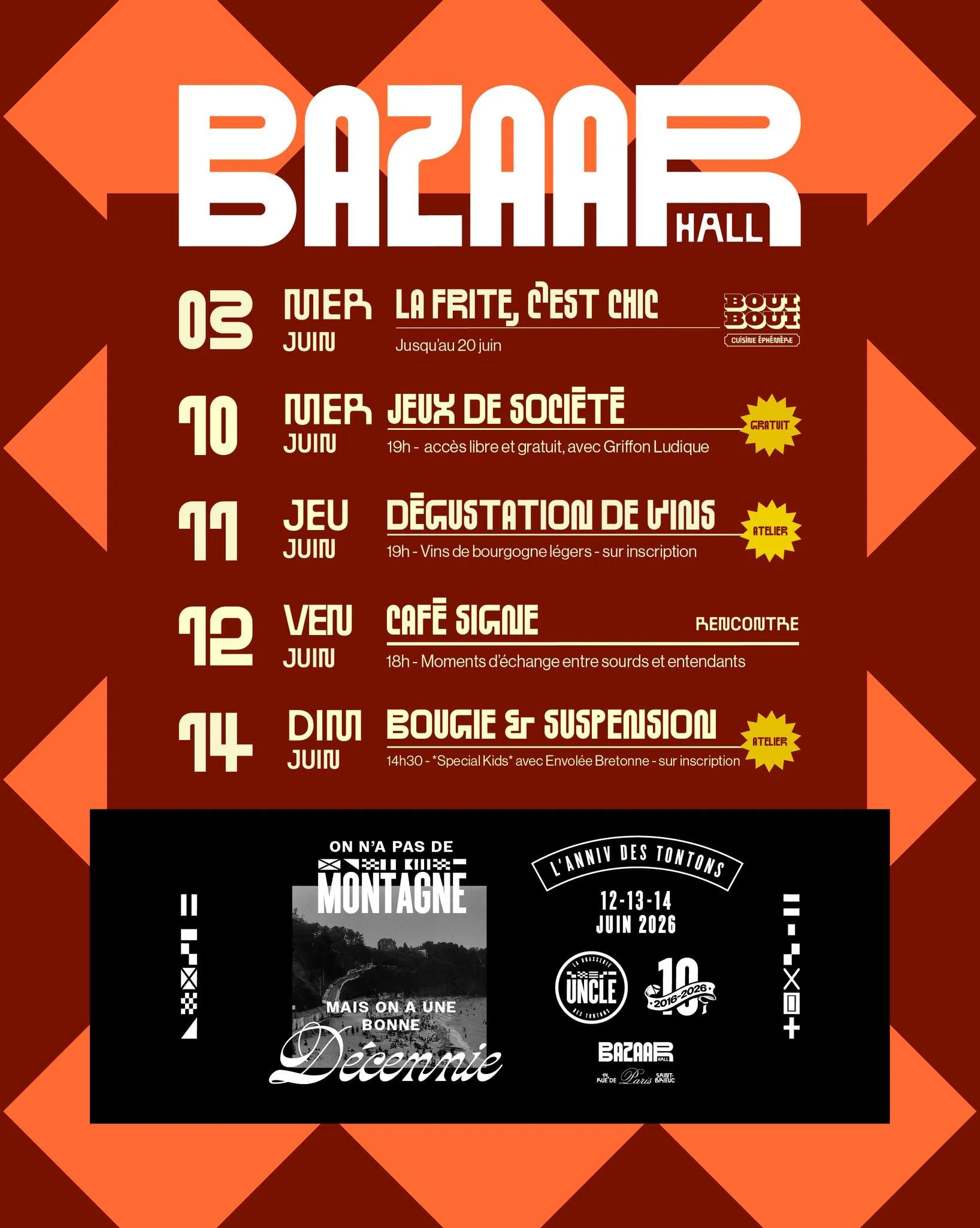 Et c'est reparti pour une nouvelle semaine au Bazaar Hall :

🃏 Mercredi, le 𝐆𝐫𝐢𝐟𝐟𝐨𝐧 𝐋𝐮𝐝𝐢𝐪𝐮𝐞, association briochine, proposera des jeux de soci&eacute;t&eacute; pour faire d&eacute;couvrir des jeux, &agrave; tous ceux qui veulent partag
