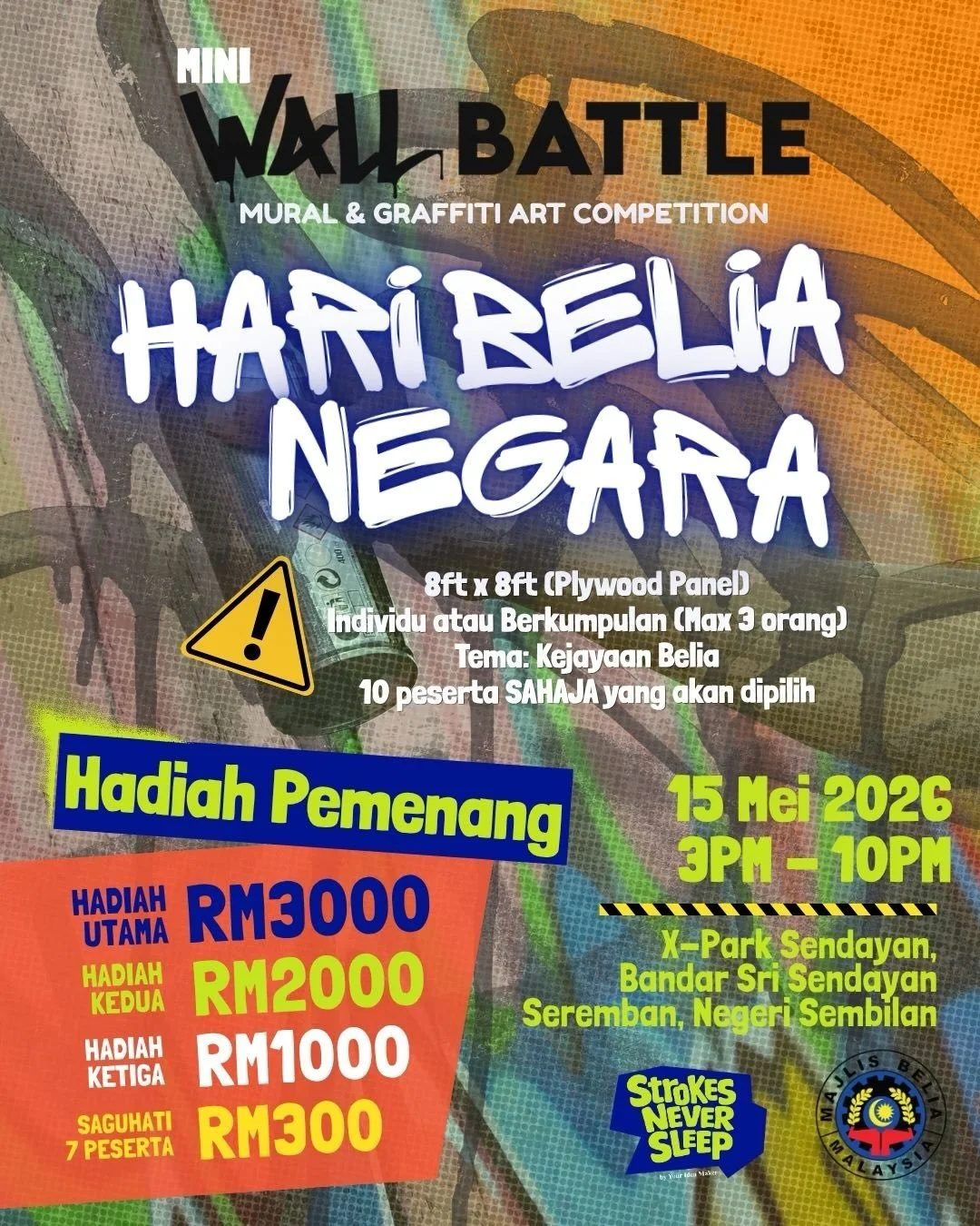 (QR CODE UPDATED)

Wall Battle Mini kini kembali lagi dalam siri yang ke-7! Dengan kerjasama Majlis Belia Malaysia, program ini akan diadakan sempena Hari Belia Negara pada 15 Mei 2026 di X-Park Sendayan.

Platform ini membuka peluang kepada penggiat