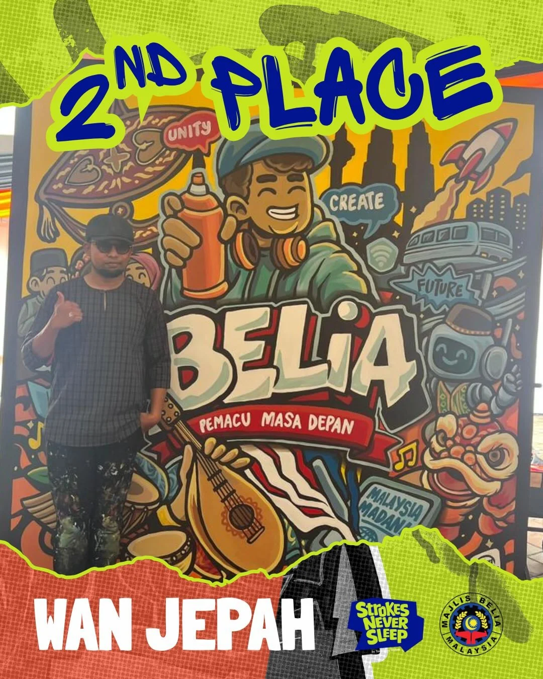 MINI WALL BATTLE x HARI BELIA NEGARA 26 | 
Artwork progress &amp; full reveal

🥈2nd Place - @wan.huzaifah 

CONGRATULATIONS TO ALL WINNERS AND PARTICIPANTS🎉🔥

#miniwallbattle #strokesneversleep #haribelianegara #majlisbeliamalaysia #streetartmalay