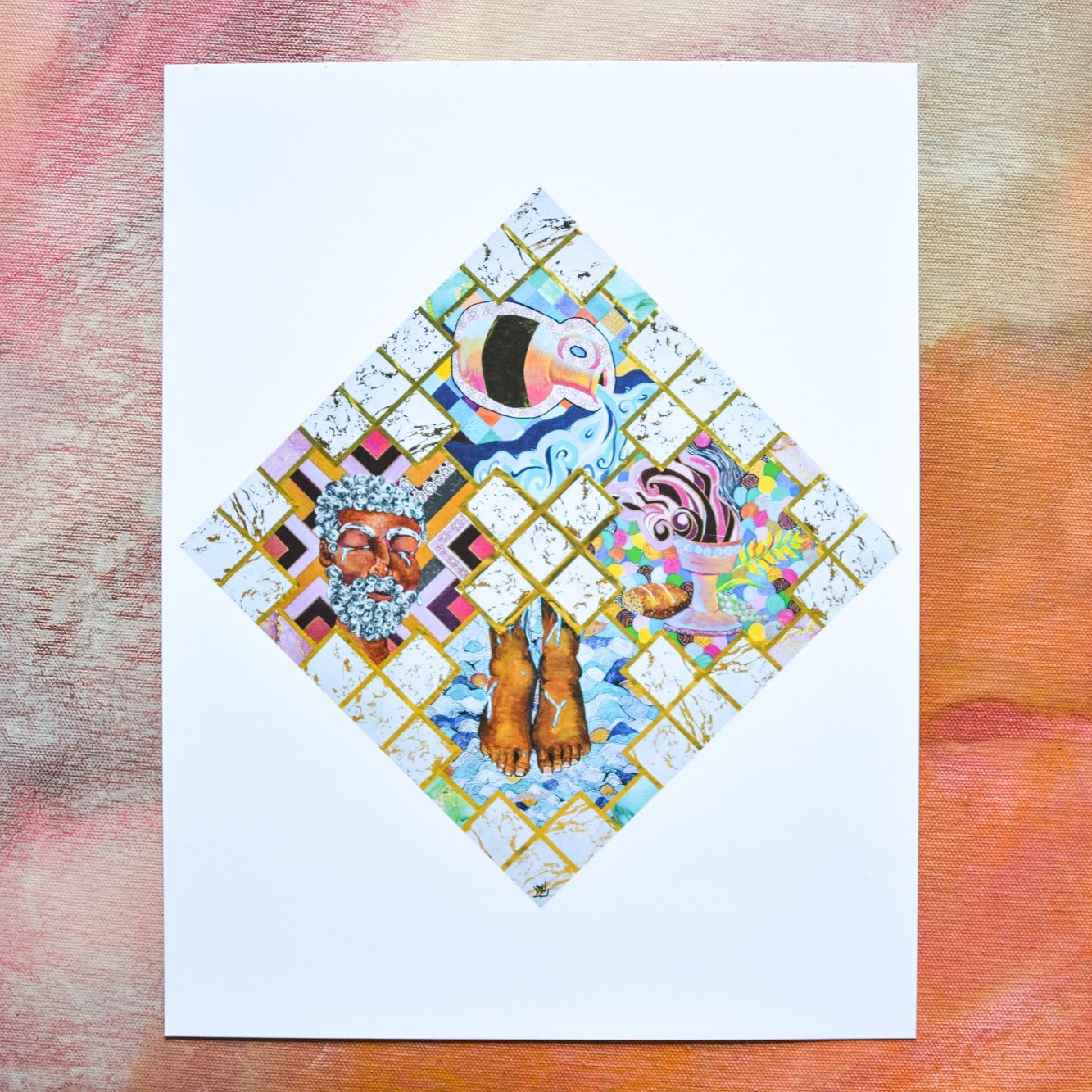 Golden Hour by Nicolette Peñaranda
Inspired by John 13:1-20
Acrylic, ink, paper collage, yarn, metallic
tape, and mixed media on canvas
MAUNDY THURSDAY - ALSO STATIONS OF PETER ON GOOD FRIDAY