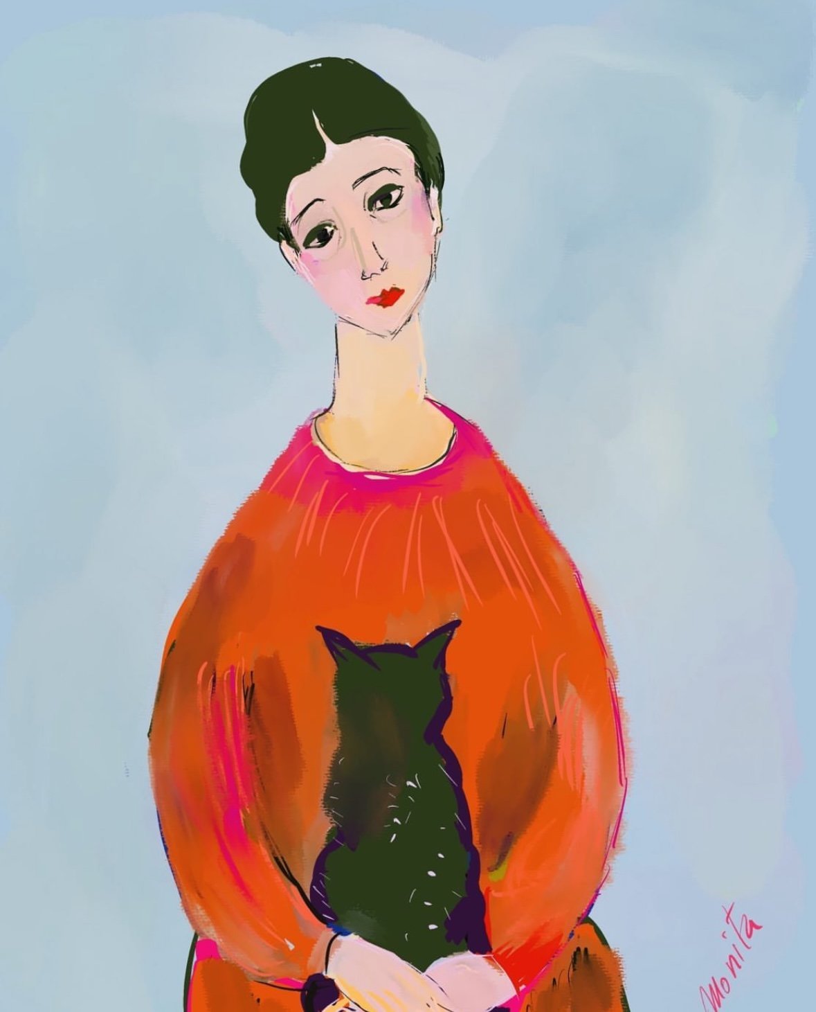 Girl In Red Dress With Black Cat