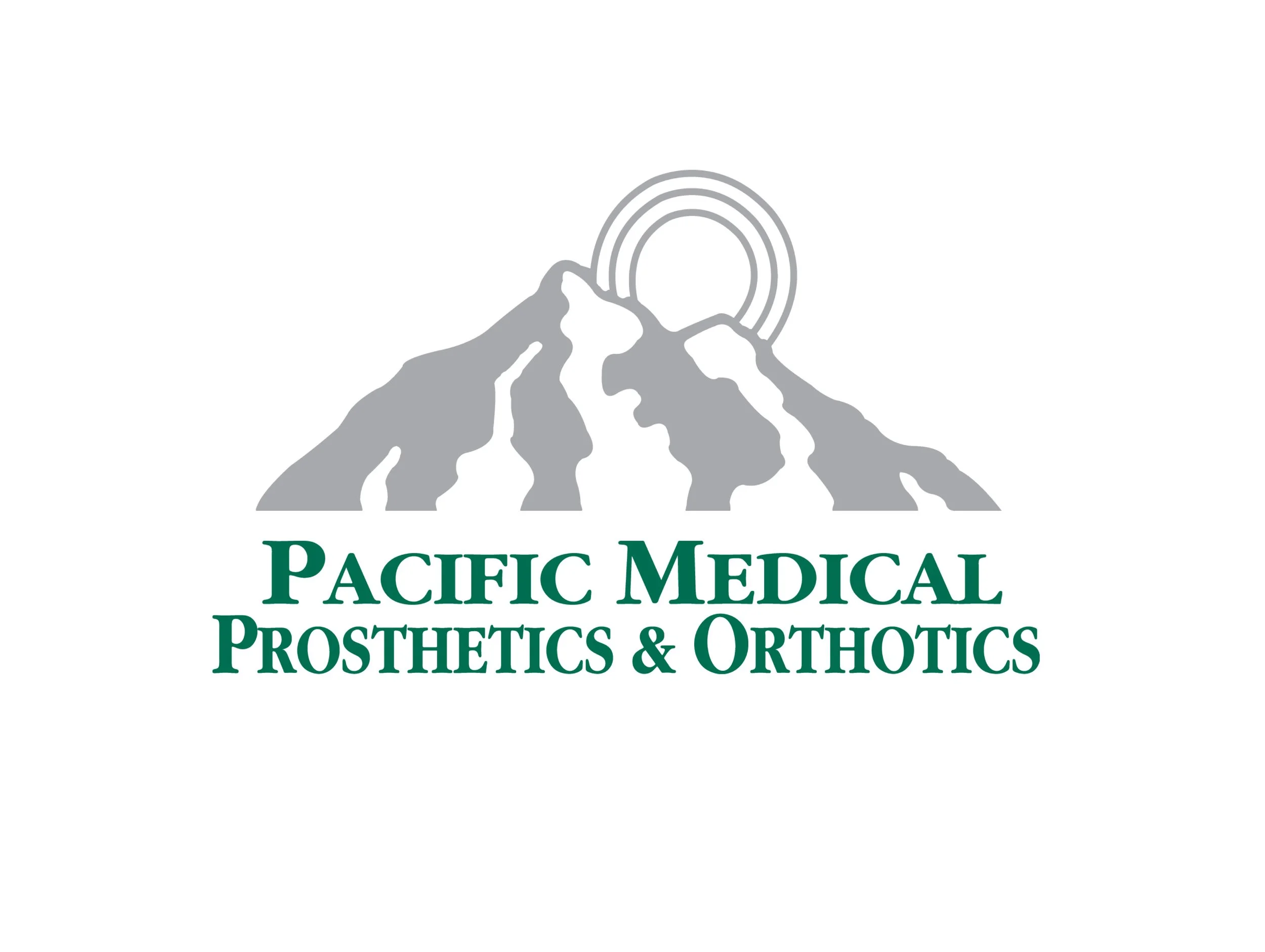 Logo of Pacific Medical Prosthetics & Orthotics featuring a stylized mountain with a rainbow and a human face silhouette, accompanied by the company name in green text.