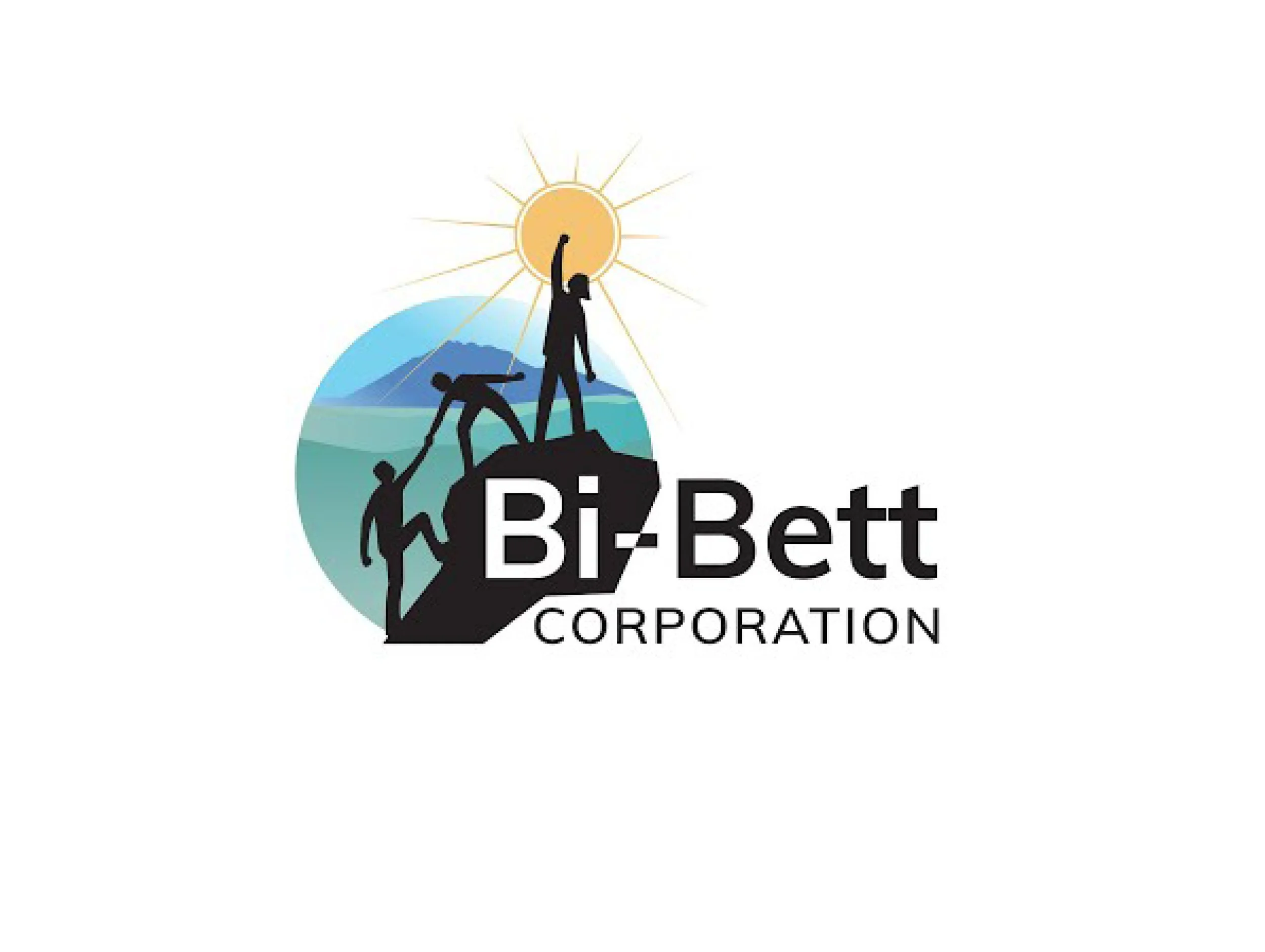 Logo for Bi-Bett Corporation featuring silhouettes of four people working together on a mountain peak, with a sun and mountain landscape in the background.