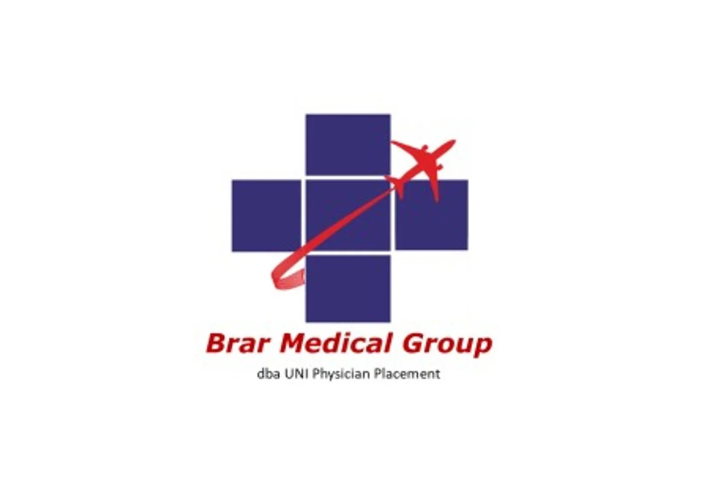 Logo of Brar Medical Group with a red airplane flying over a blue cross and the text 'Brar Medical Group' and 'dba UNI Physician Placement'.