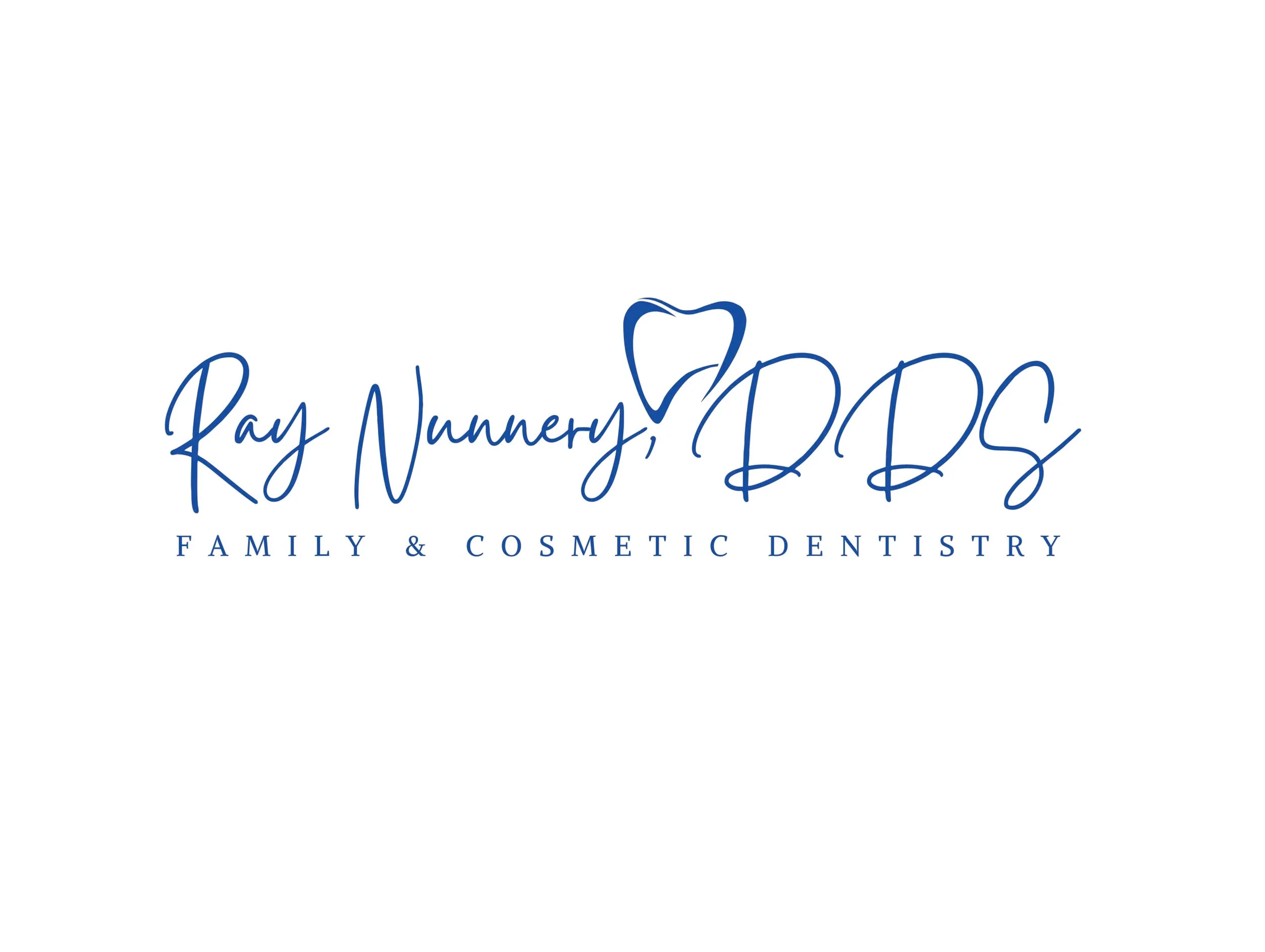 Logo for Ray Nunnery, DDS, Family and Cosmetic Dentistry, featuring a stylized tooth with a heart in the center.