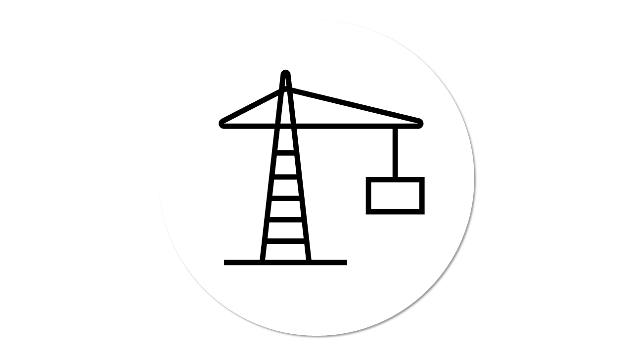 Line drawing of a construction crane with a hanging rectangular load