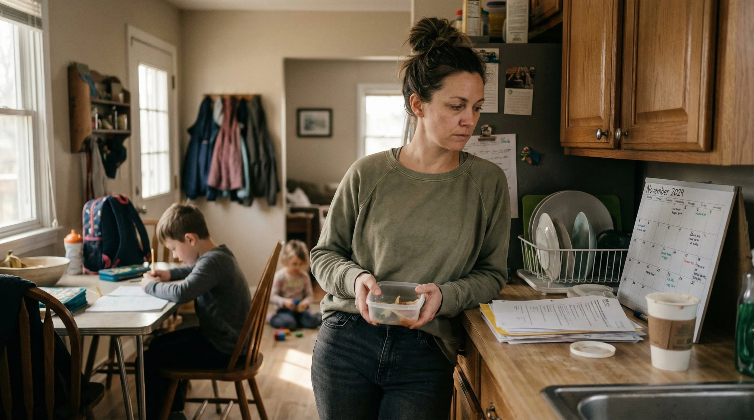 Madre cansada en una cocina familiar mientras sus hijos están al fondo, imagen para un artículo de Juan José Díaz sobre la carga invisible de la maternidad, la culpa materna y la salud mental materna.