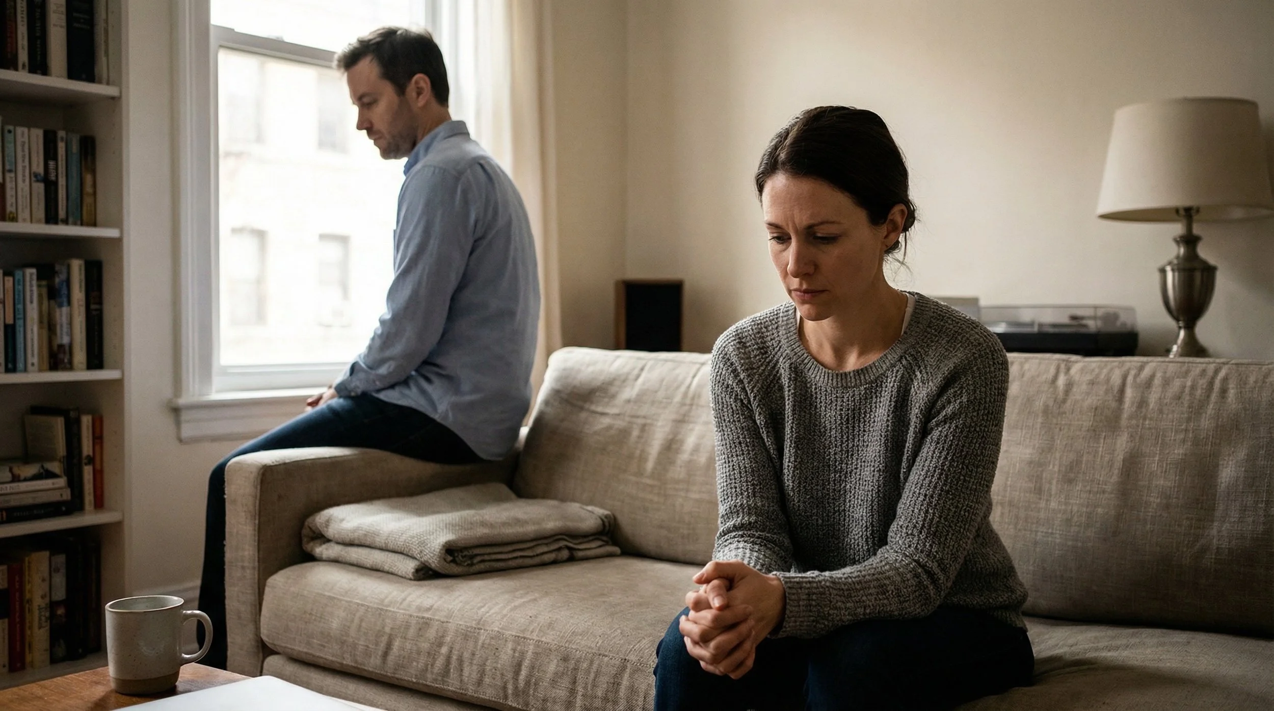 Pareja sentada en silencio en una sala, reflejando distancia emocional y la sensación de no sentirse amado en la relación.