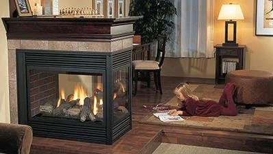 Three-sided gas fireplace