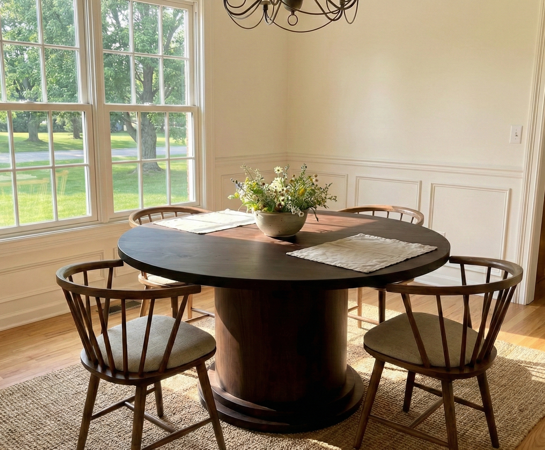 A dining room with a round wooden table, four wooden chairs with cushioned seats, a flower arrangement in the center, large windows showing a green outdoor yard, and a chandelier hanging from the ceiling.