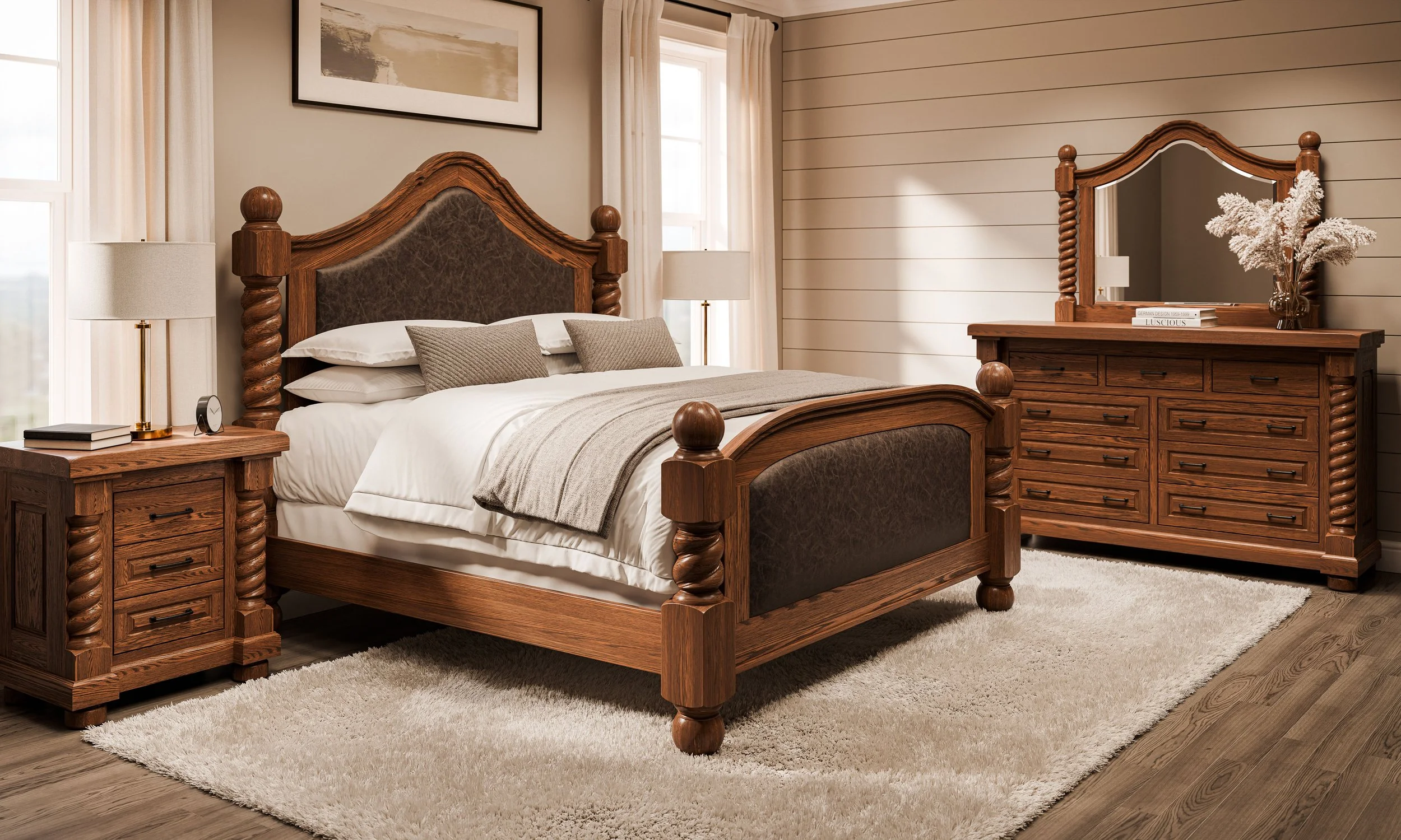 A bedroom with a wooden bed frame, nightstand, and dresser, all with a rustic design. The bed has white bedding, gray and beige pillows, and a blanket. The dresser has a mirror, a vase with white flowers, and books. The room has cream-colored walls, 