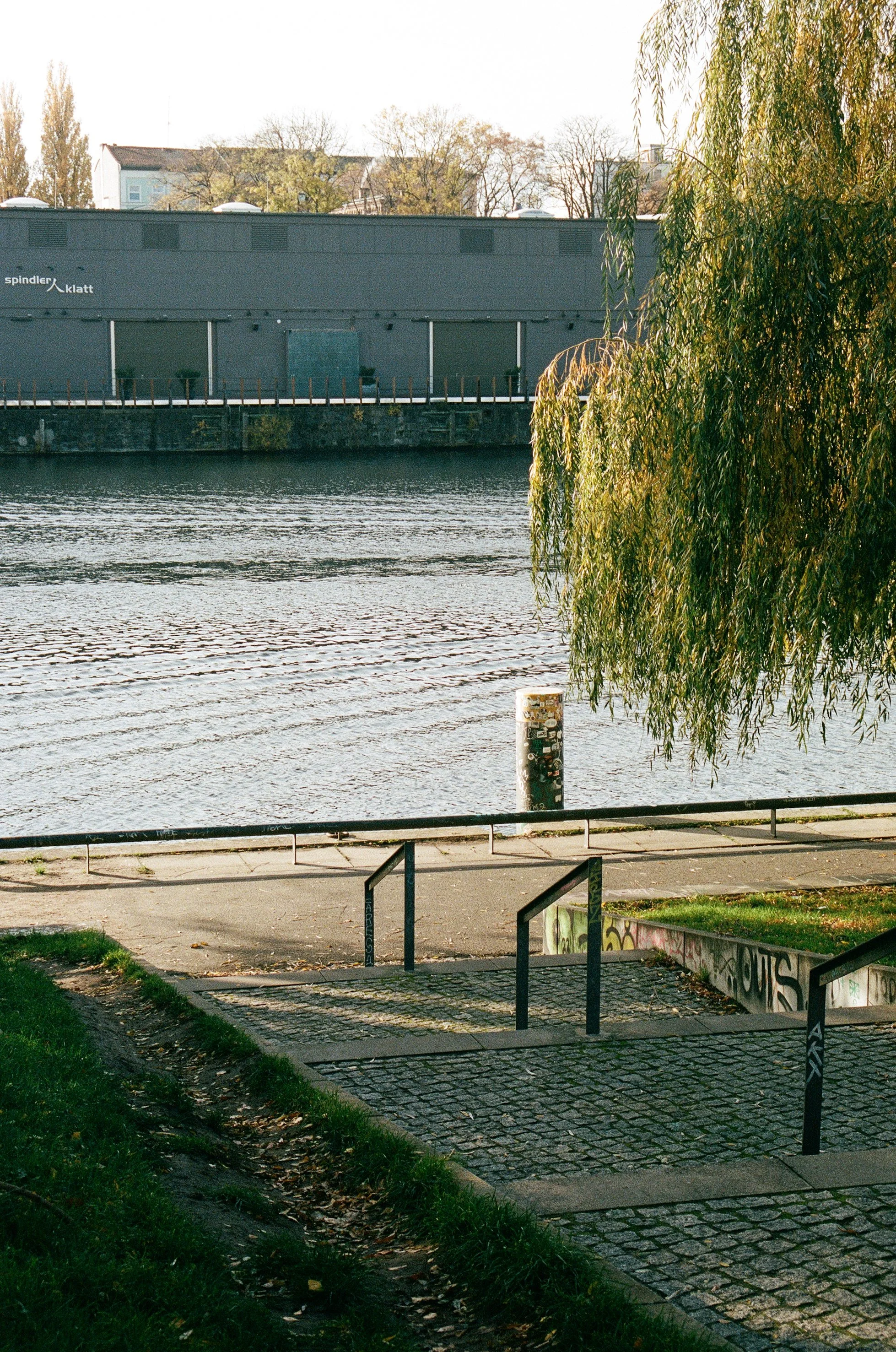 A riverside scene with steps leading down to the water, a tree on the right side, a black railing, and a brick building across the river with trees behind it.