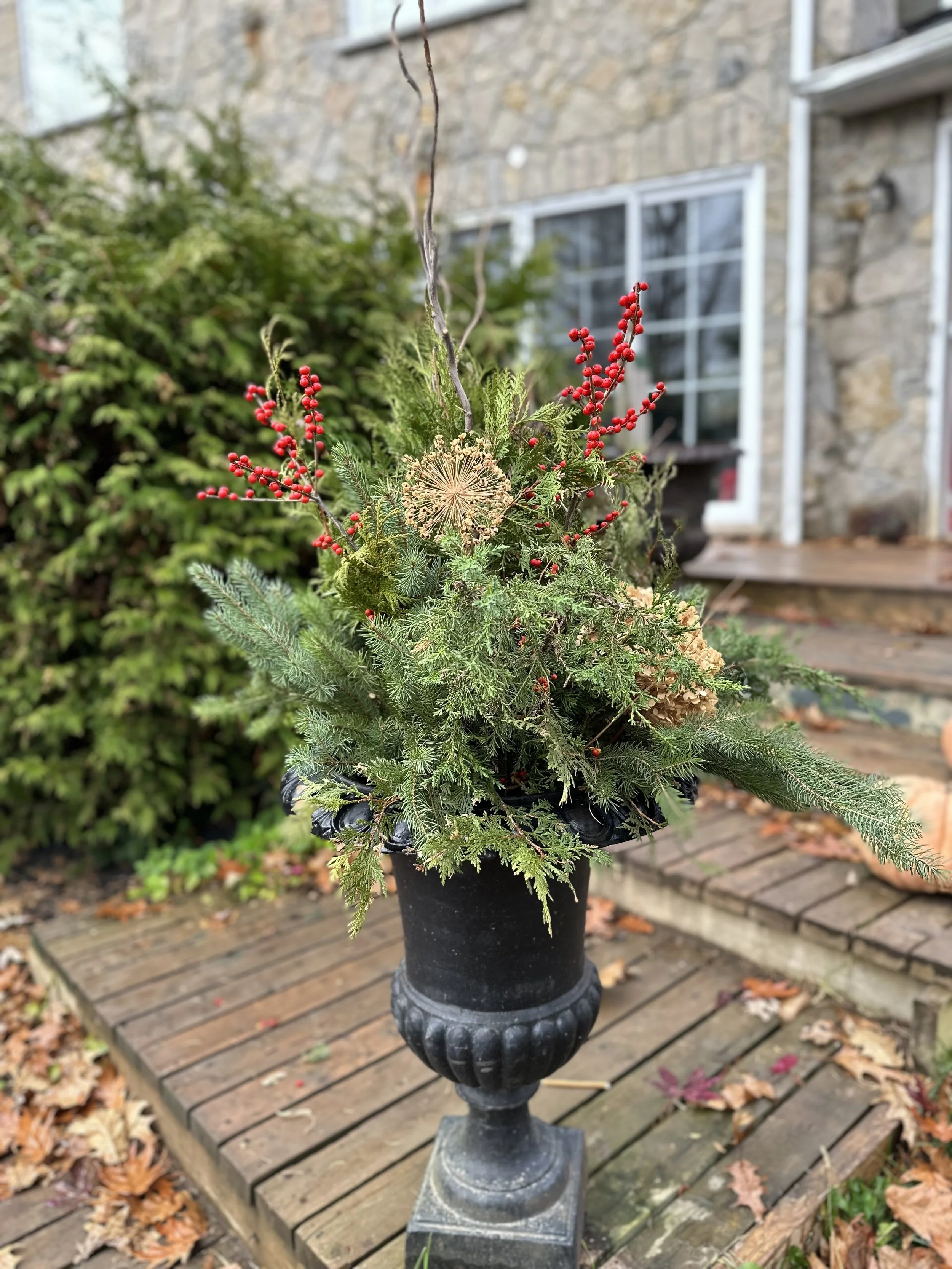 Urn inserts and Sap Bucket Porch arrangements