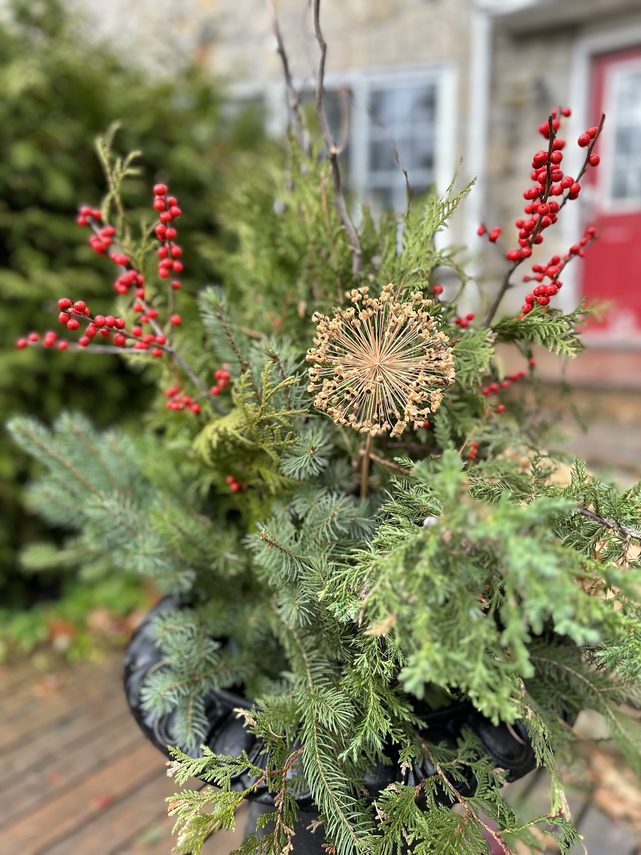 Urn inserts and Sap Bucket Porch flower arrangements