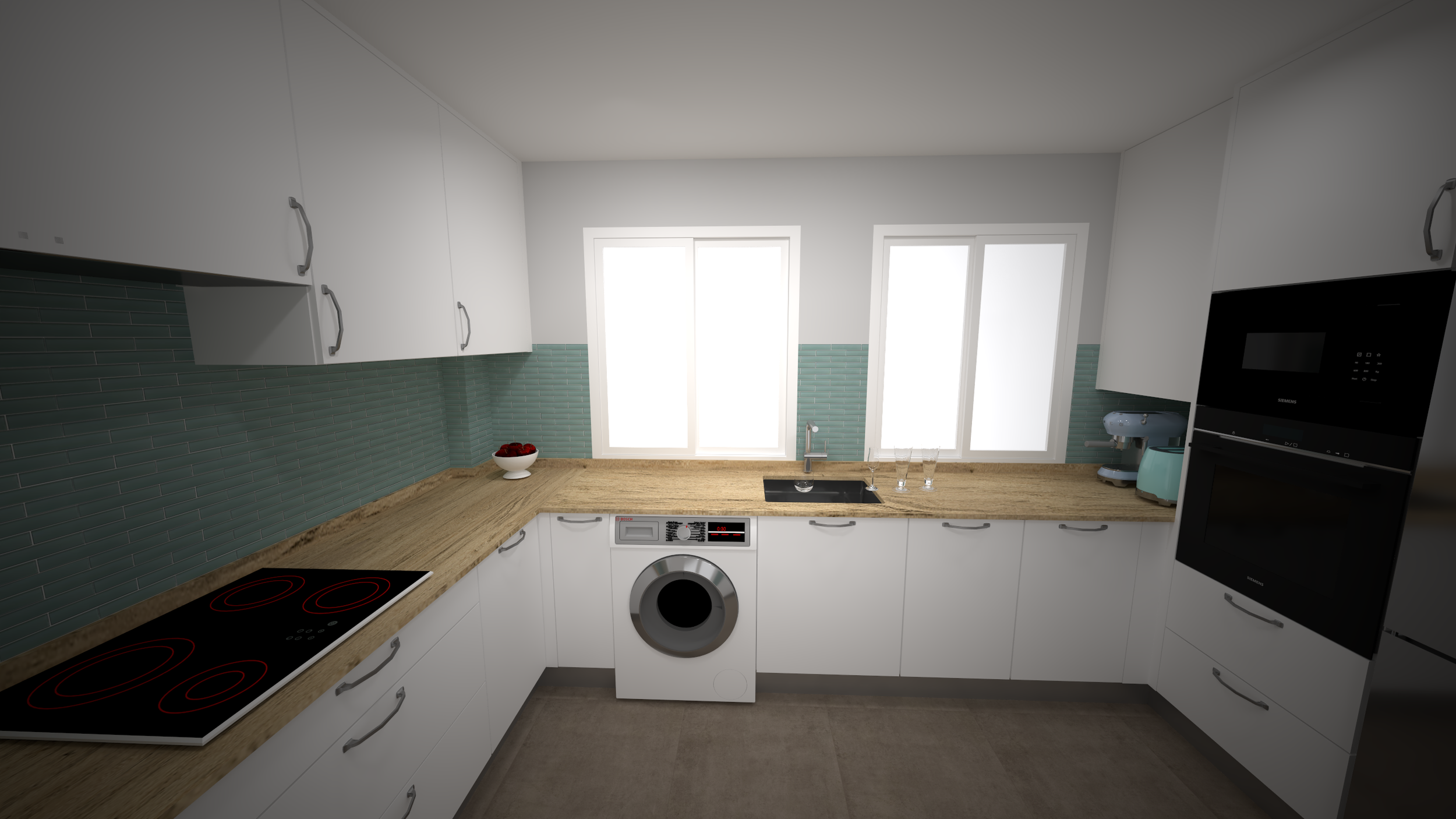 Cocina moderna con gabinetes blancos, estufa eléctrica, lavavajillas, horno empotrado, y electrodomésticos en encimera de madera, con ventanas que dejan entrar luz