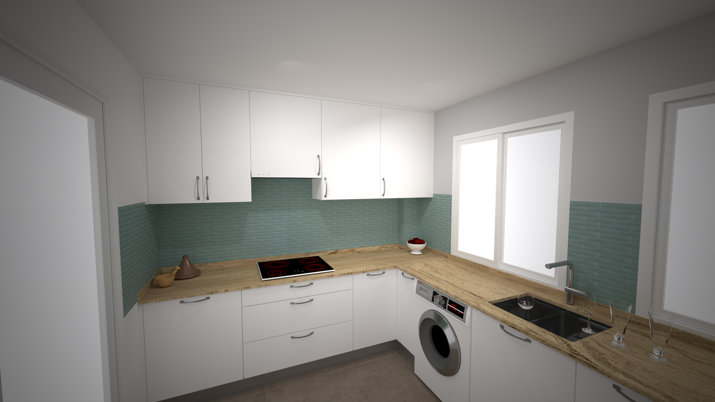 Cocina moderna con gabinetes blancos, encimera de madera, azulejos verdes en la pared, estufa eléctrica, lavabo con accesorios y electrodoméstico de lavandería, y ventanas grandes que dejan entrar luz natural.