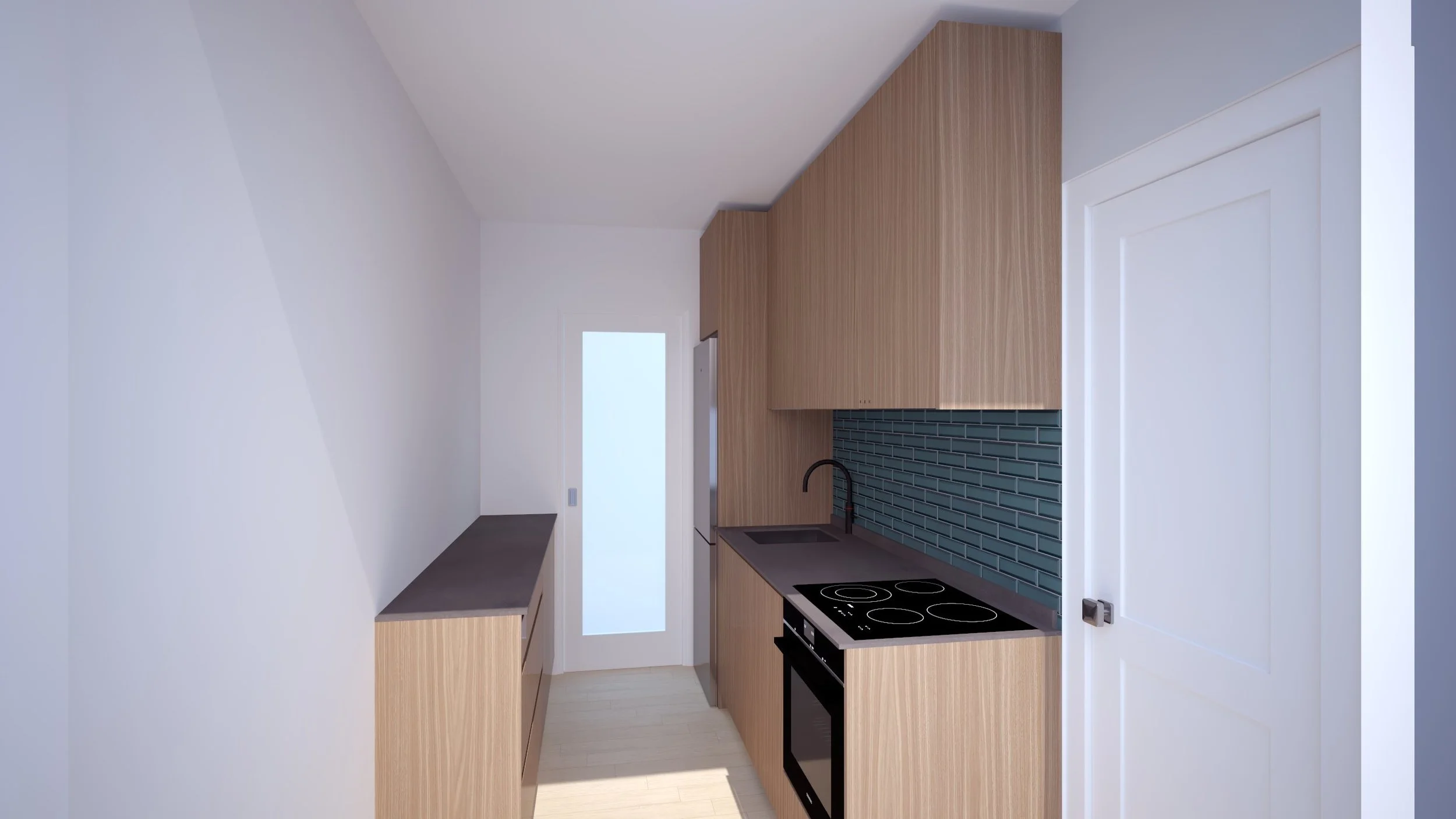 Cocina moderna con gabinetes de madera, estufa eléctrica y backsplash de azulejos azul oscuro