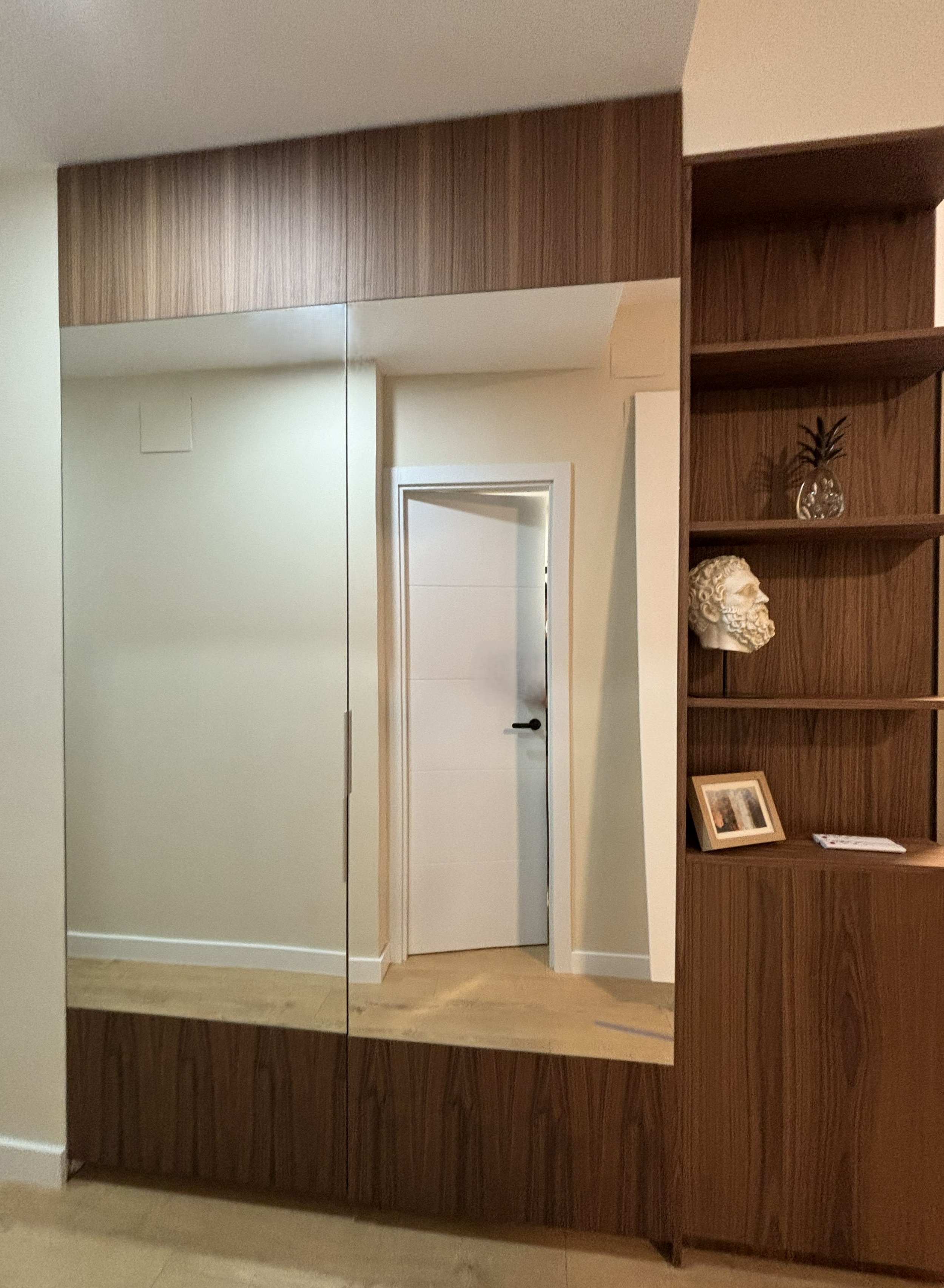 Espejo grande en una pared de madera, reflejando una habitación con una puerta blanca y suelo de madera. Al lado del espejo, una estantería de madera con una planta en un jarrón, una cabeza de escultura y una foto enmarcada.