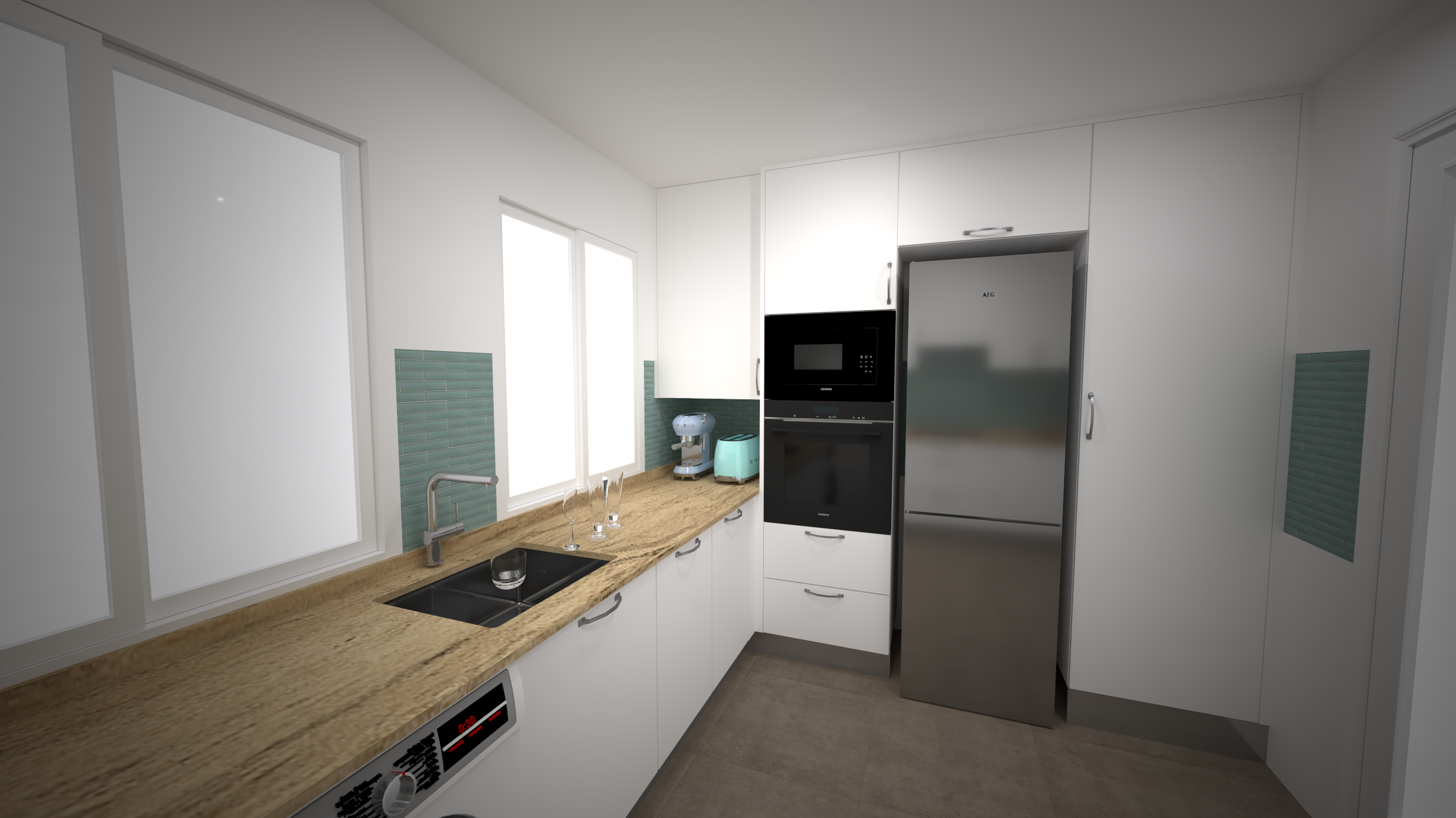 Cocina moderna con encimera de madera, fregadero, microondas, horno, refrigerador y ventanas grandes