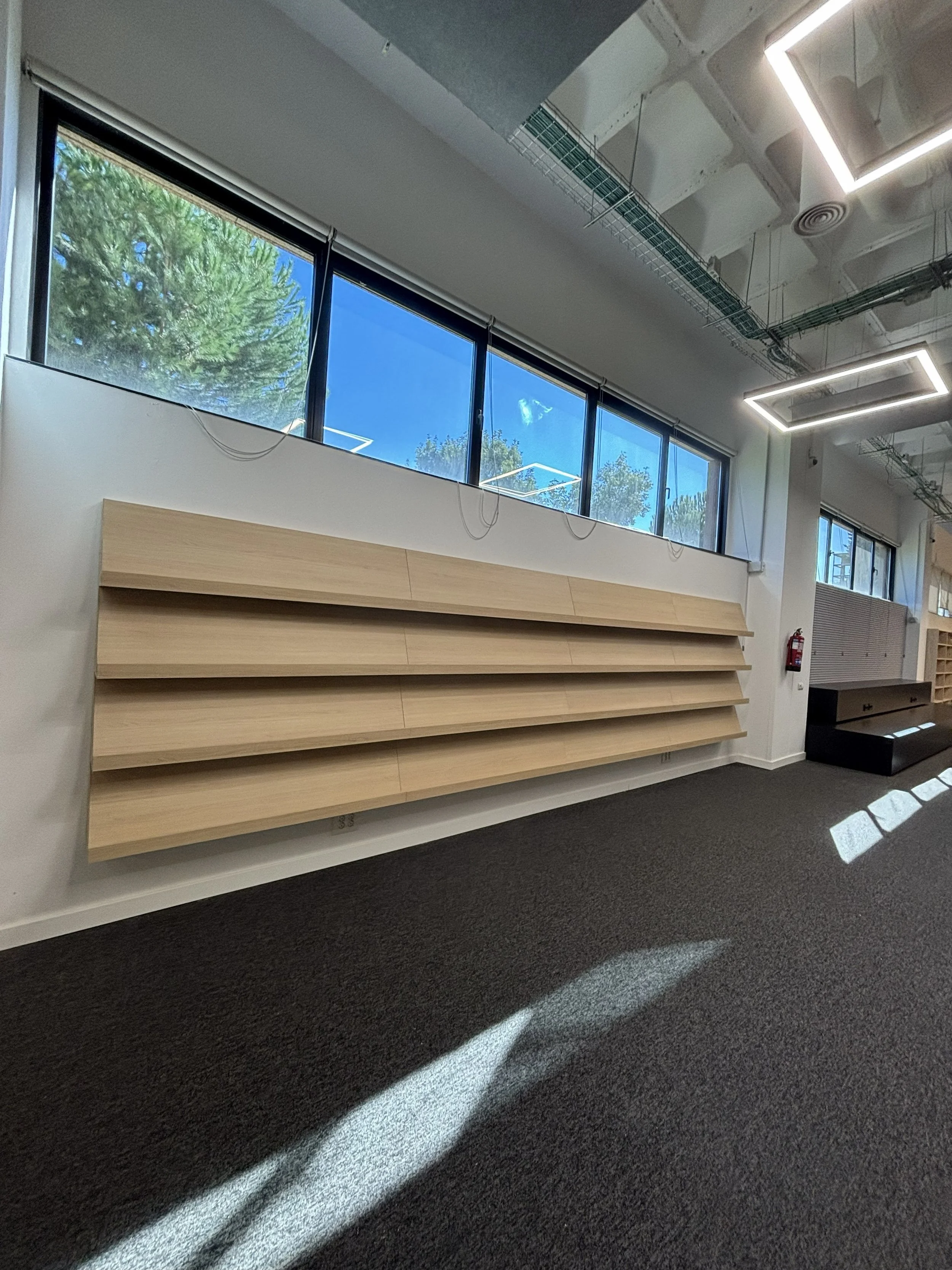 Vista de una tienda o librería con estanterías de madera vacías, ventanas con vista a árboles y cielo, y techo con iluminación moderna y cables expuestos.