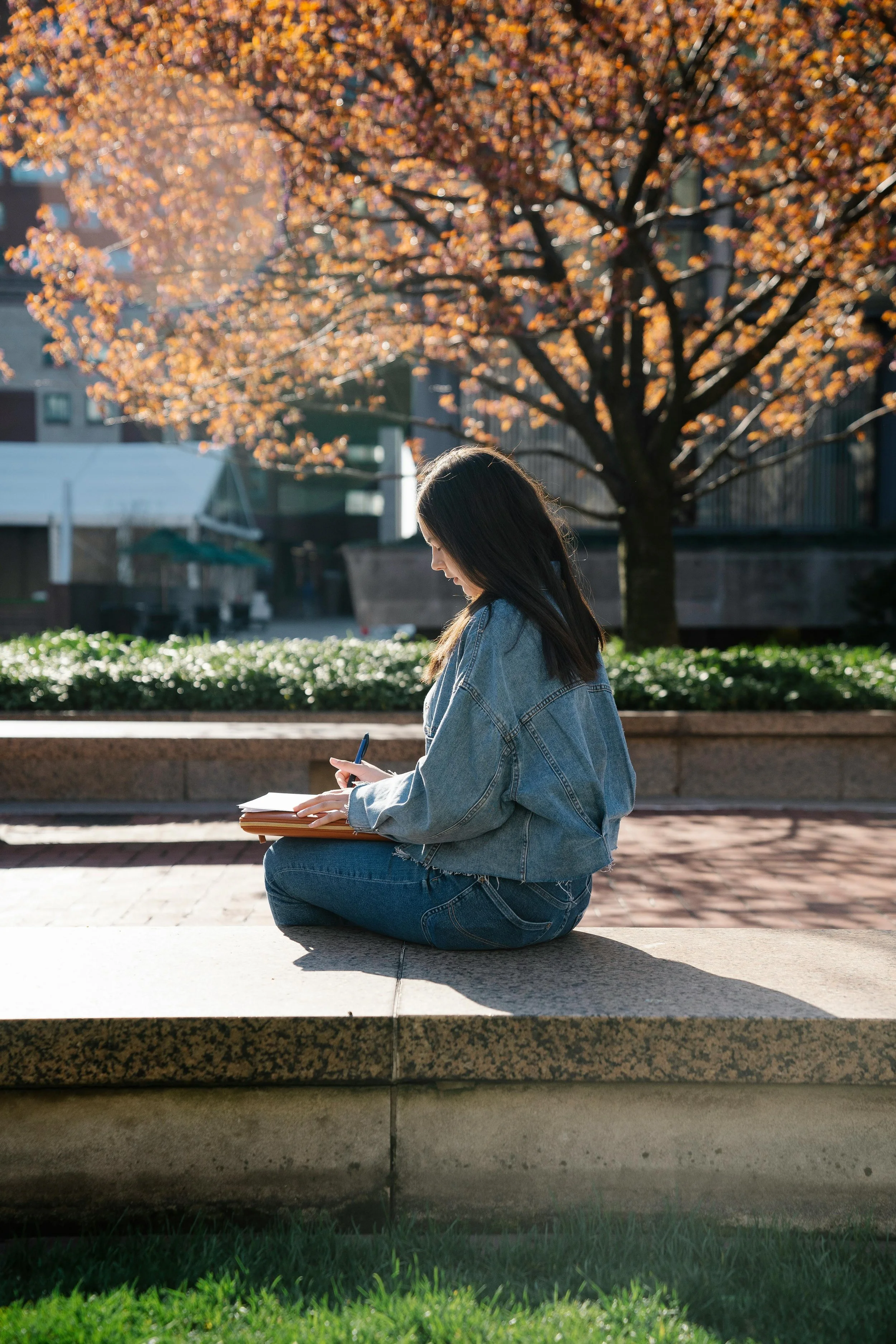 An image depicting a young woman sitting on a stone bench outdoors, writing in a notebook, with a background of a tree with orange autumn leaves representing therapy for college students in Lansing, MI.