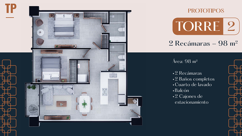 The Park Torre 2 | Departamento 2 recámaras | 98 m² | Con balcón
