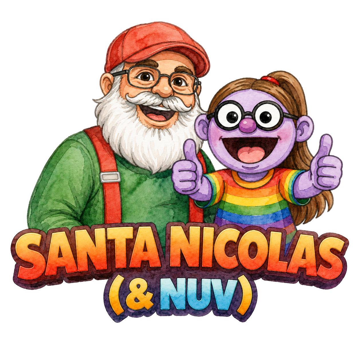 The Logo of Santa Nicolas and Nuv, also known as @JollySleighRider as a watercolor image of the two of them smiling.