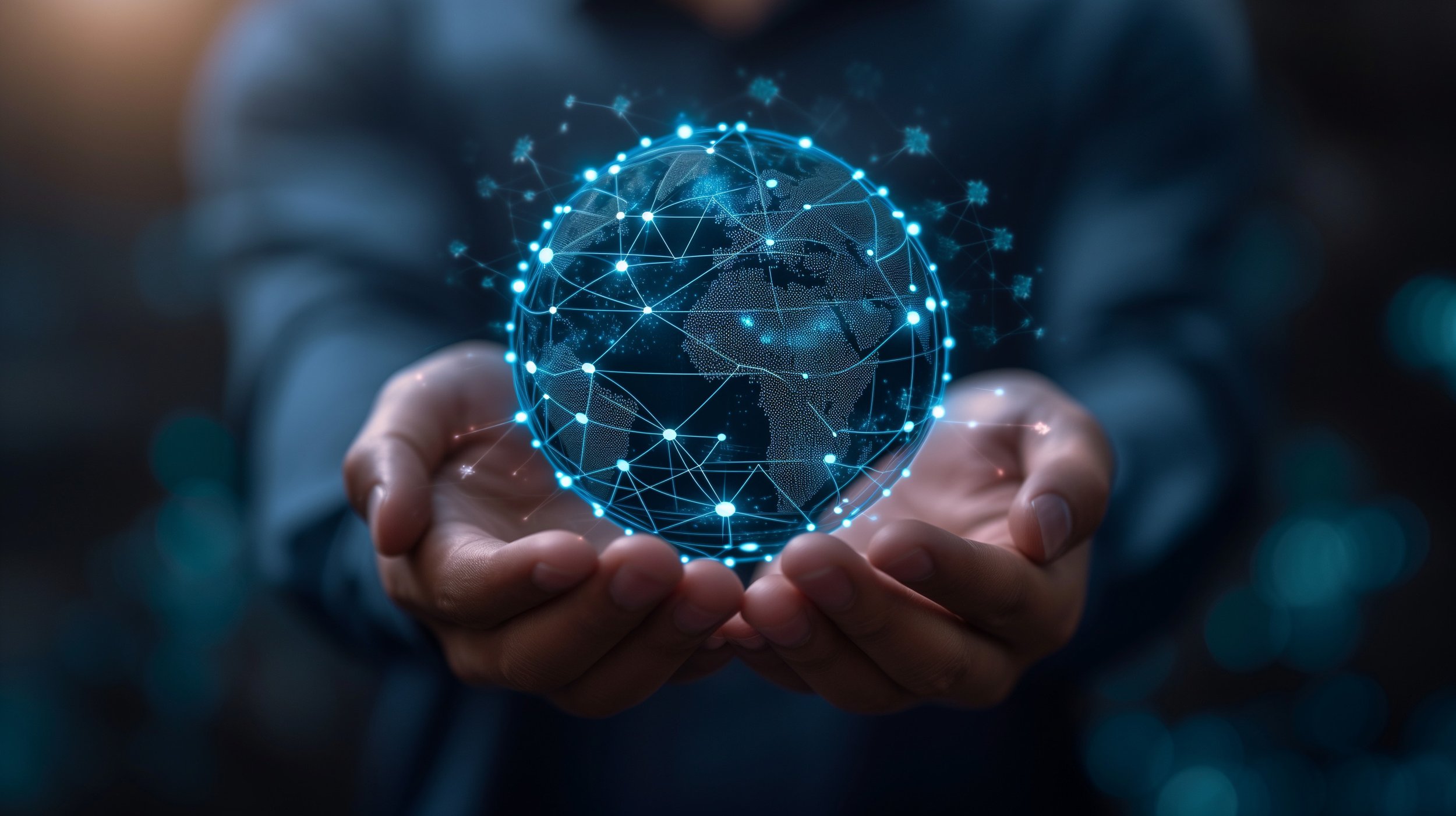 Person holding a digital globe with interconnected lines and dots, representing global connectivity and technology.
