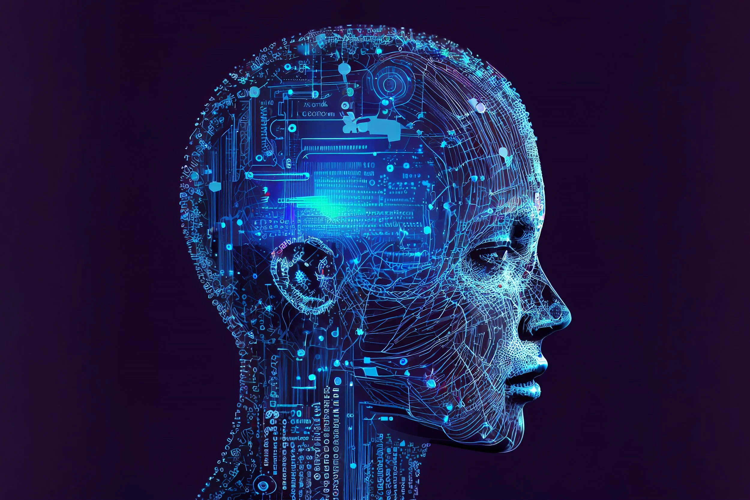 Digital illustration of a human profile with a glowing blue circuit board and neural network pattern over the head and face, representing artificial intelligence and technology.