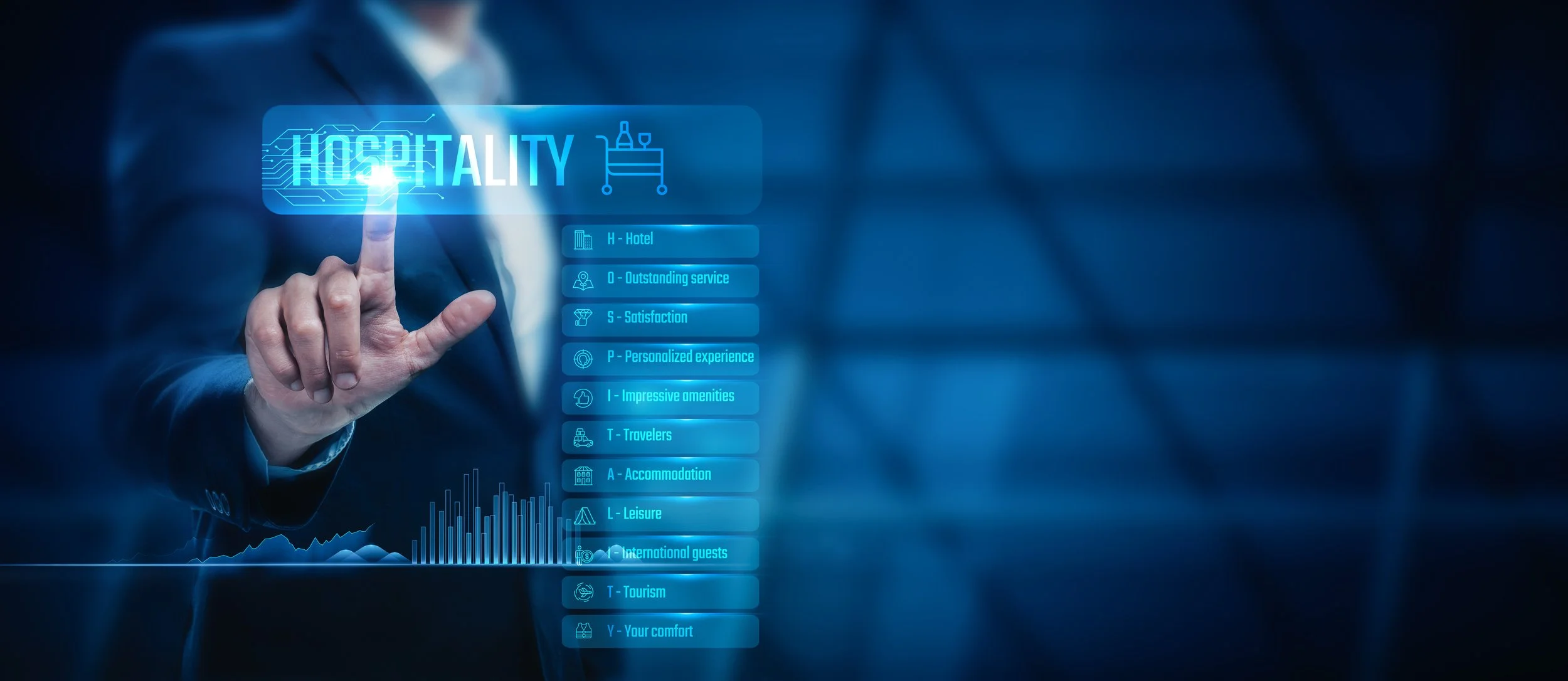 A person in a suit touches a holographic screen displaying the word 'Hospitality' and a list of related keywords with icons, including hotel, service, satisfaction, experience, amenities, travelers, accommodation, leisure, guests, tourism, and comfort.