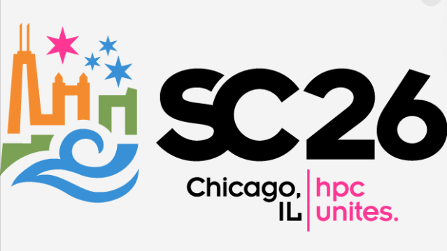Logo with colorful skyline, stars, and water design, next to text 'SC26 Chicago IL' with 'hpc unites.' in pink.