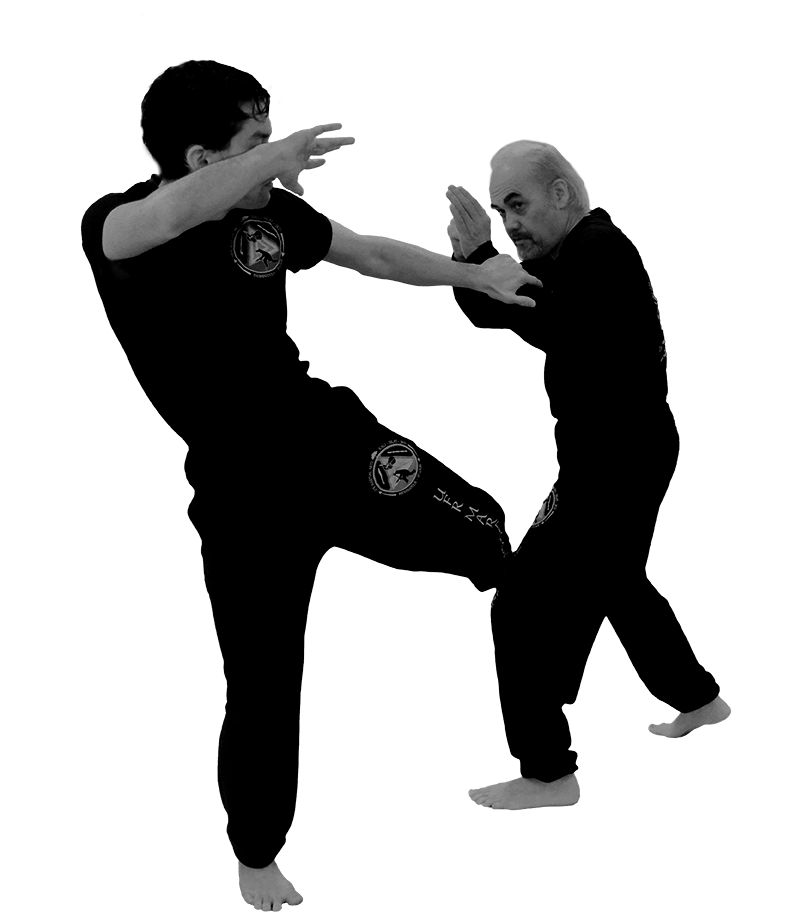 Two martial artists practicing a Jeet Kune Do drill with one raising a knee and the other blocking with an open hand.