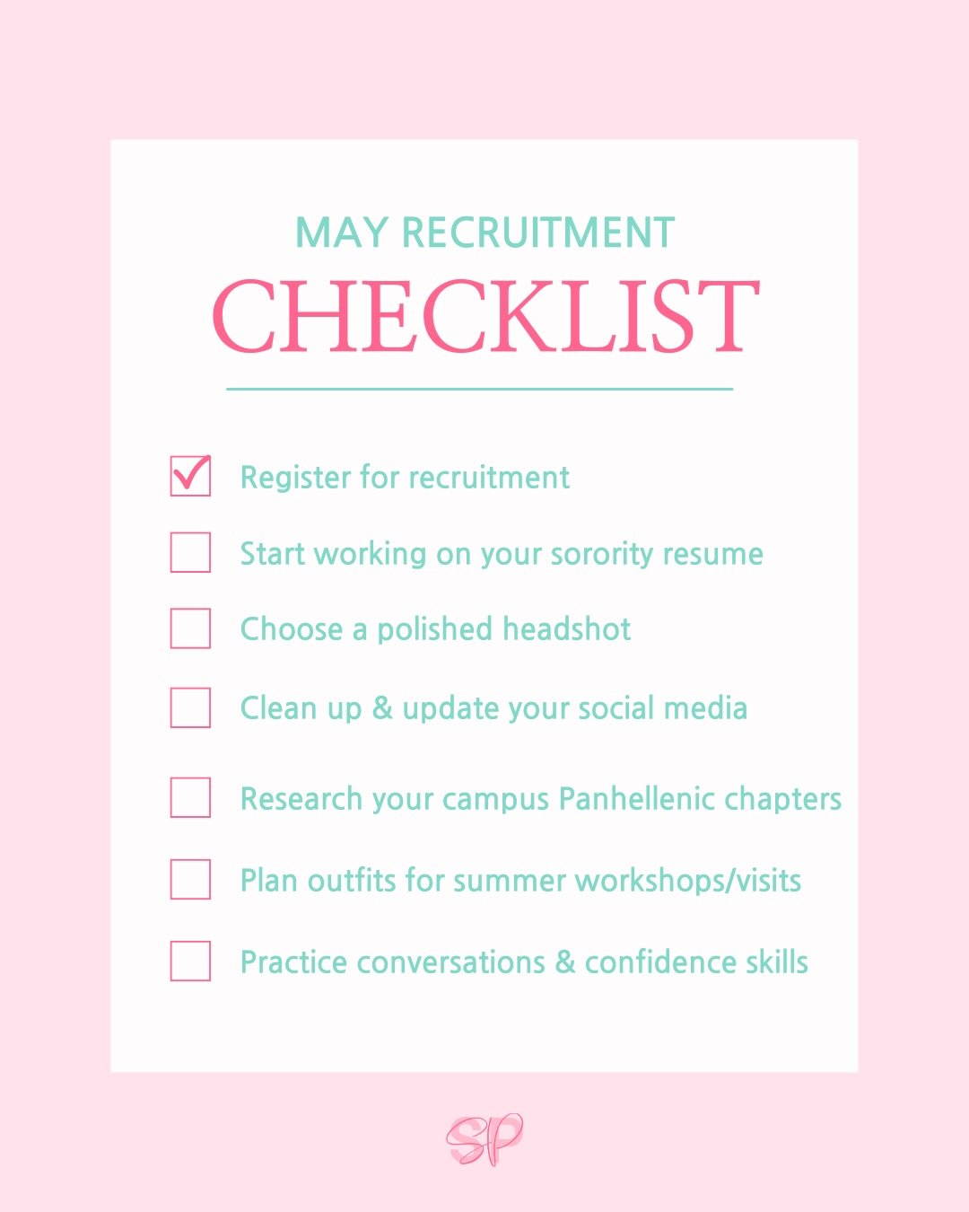Your May recruitment checklist is here ✨

If you can check off these 7 things this month, you&rsquo;ll be ahead of the game going into recruitment season. A little preparation now can make the entire process feel so much less stressful later. 💕

Sav