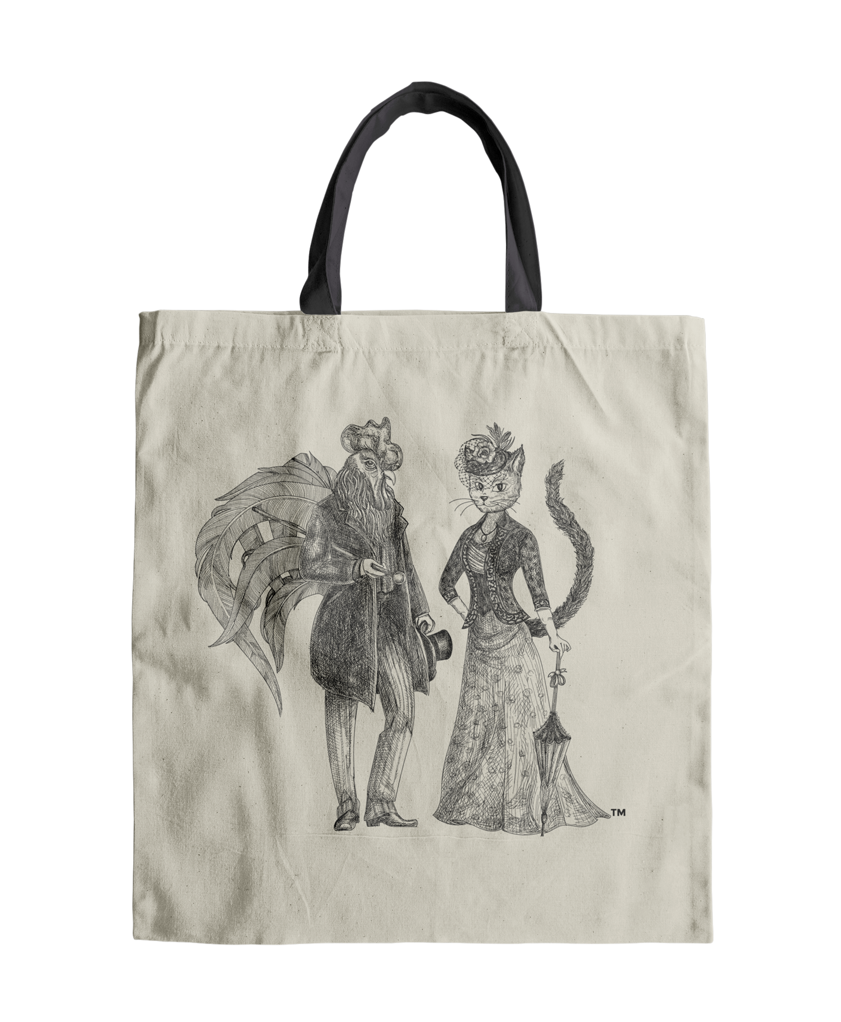 Vintage Sketch Cat n Rooster Tote Bag