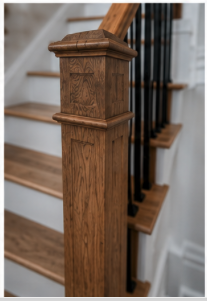 Close-up of a wooden staircase newel post with black metal balusters.