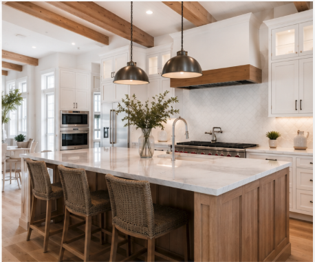 Modern kitchen with white cabinetry, a large island with a white countertop, three woven bar stools, pendant lighting, and a gas stove with a range hood.