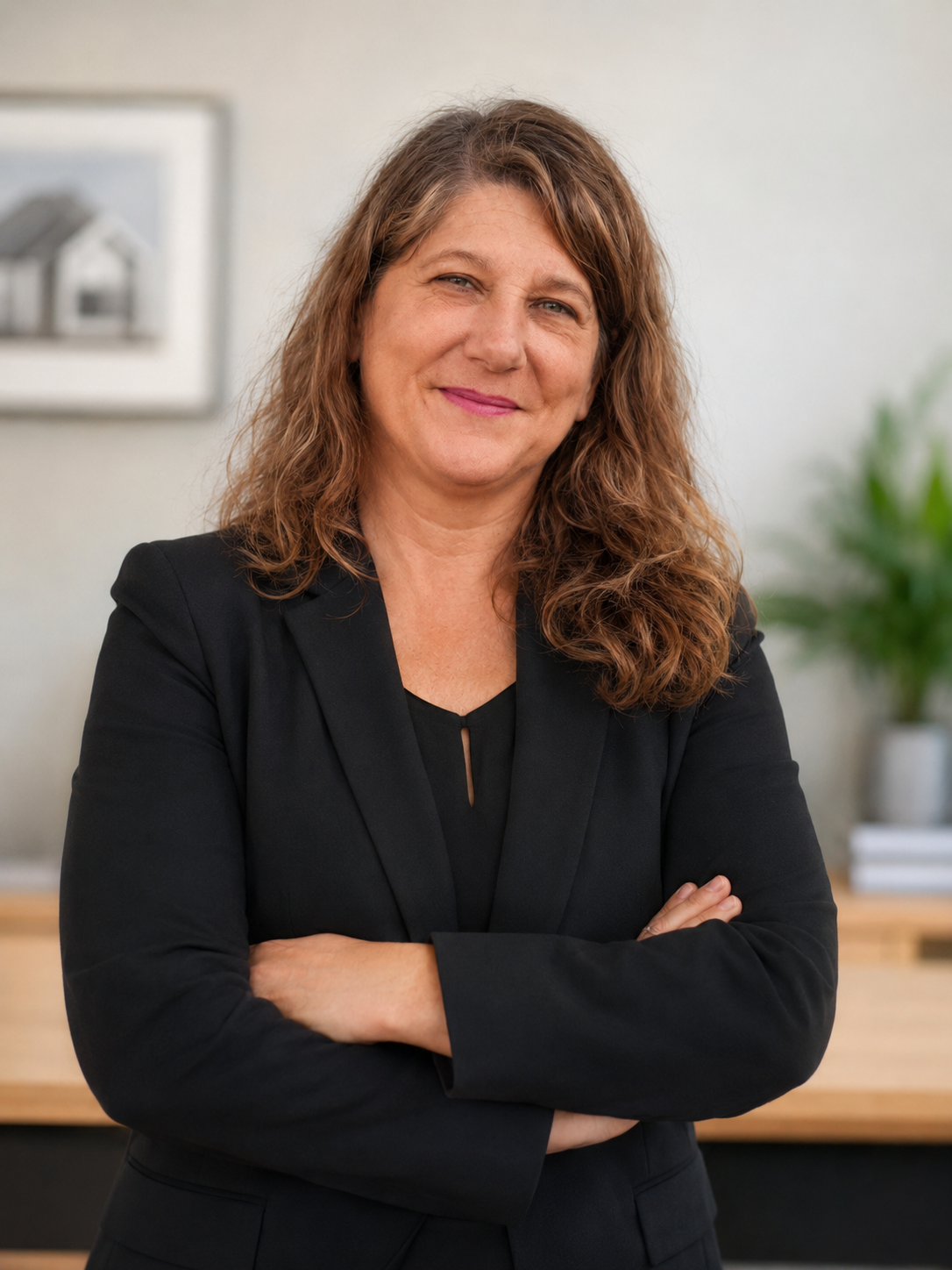 A woman with shoulder-length curly brown hair, wearing a black blazer, smiling with arms crossed in an office setting.