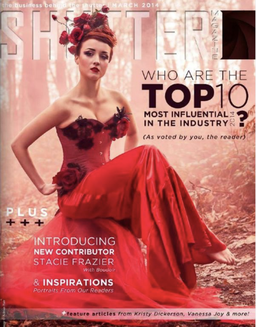 April 2014 issue of Shape magazine featuring a woman in a red dress with floral embellishments, sitting outdoors in a forest setting, with magazine headlines about influential industry figures and new contributors.