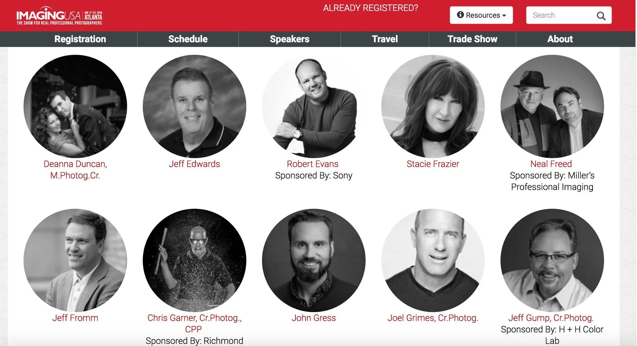 Speaker lineup for Imaging USA Atlanta photography event showing headshots of ten photographers including Deanna Duncan, Jeff Edwards, Robert Evans, Stacie Frazier, Neal Freed, Jeff Fromm, Chris Garner, John Gress, Joel Grimes, and Jeff Gump, with sp