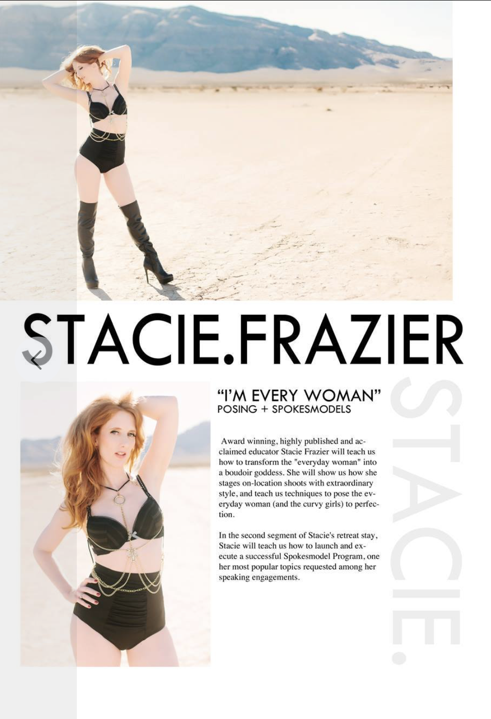 Poster featuring Stacie Frazier with two images of her in a desert setting. The poster has text promoting her as an educator and spokesperson for a program, with bold black and grey fonts.